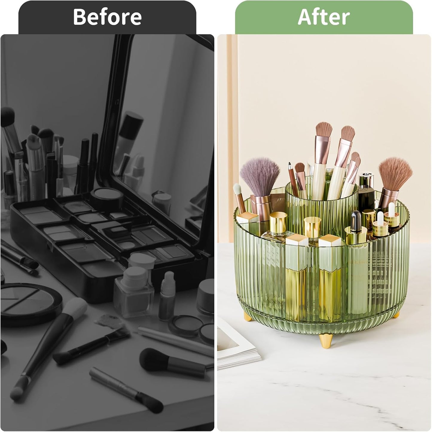 360° Rotate Makeup Brush Holder Organizer, Makeup Organizers Countertop, Makeup organization and Skincare Storage for Vanity, Desktop, Bathroom (Clear Green)