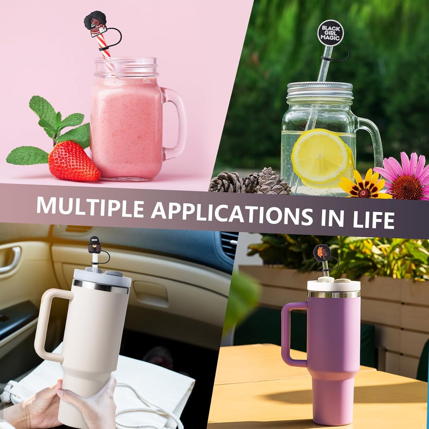 6Pcs Black Girl Straw Cover Cap for Stanley Cup Accessories, 10mm Cute Black Drinking Straw Topper for 40oz 30oz Stanley Tumbler, Dust-Proof Reusable Straw Tips Valentines Decor Gifts for Women