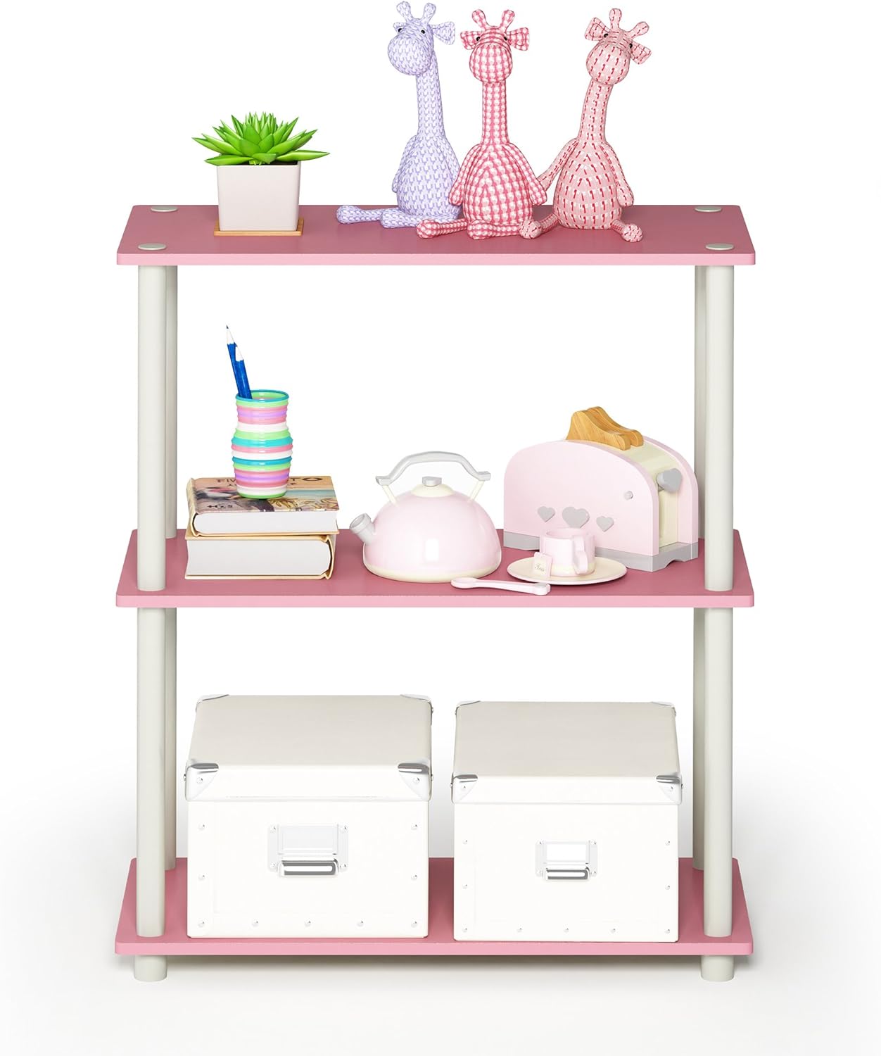 Furinno TURN-N-TUBE Storage Shelves, 3-Tier Book Shelf, Corner Shelf, Toolless Open Shelves, for Organization and Storage, Living Room, Garage, Home Office, Pink
