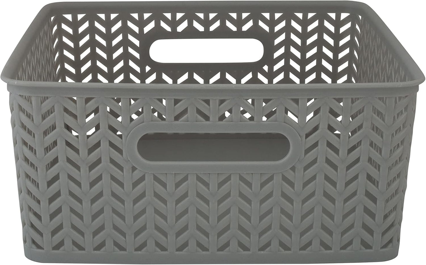 Simplify 2 Pack Medium Herringbone Storage Basket | Dimensions: 14"x11.5"x5.15" | Sturdy Polypropylene Plastic | 2 Open Handles | Lightweight | Home Organization | Heather Grey