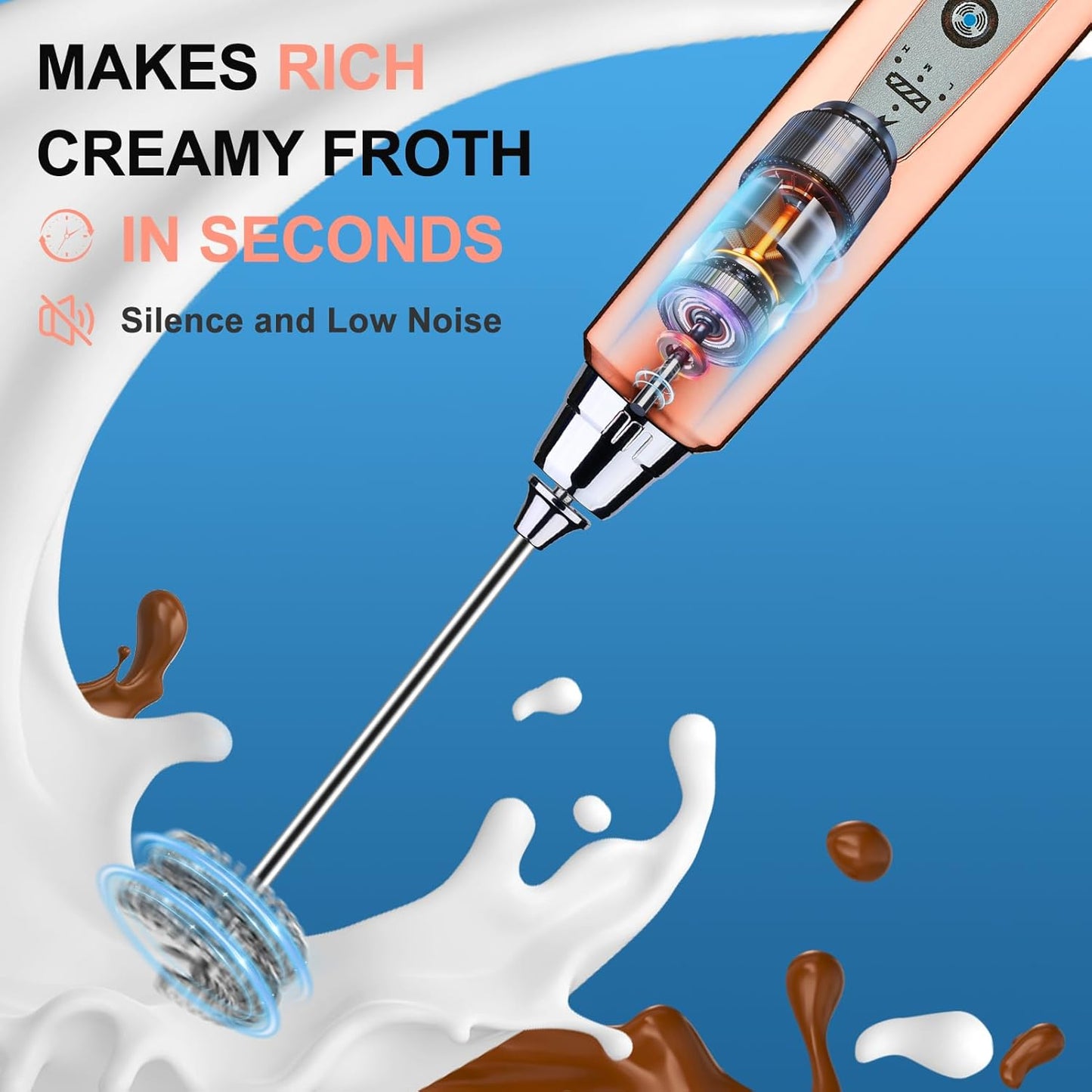 YUSWKO Rose Gold Handheld Milk Frother Wand for Coffee, Rechargeable Electric Whisk with 3 Heads 3 Speeds Drink Mixer Coffee Frother For Latte, Cappuccino, Hot Chocolate, Egg