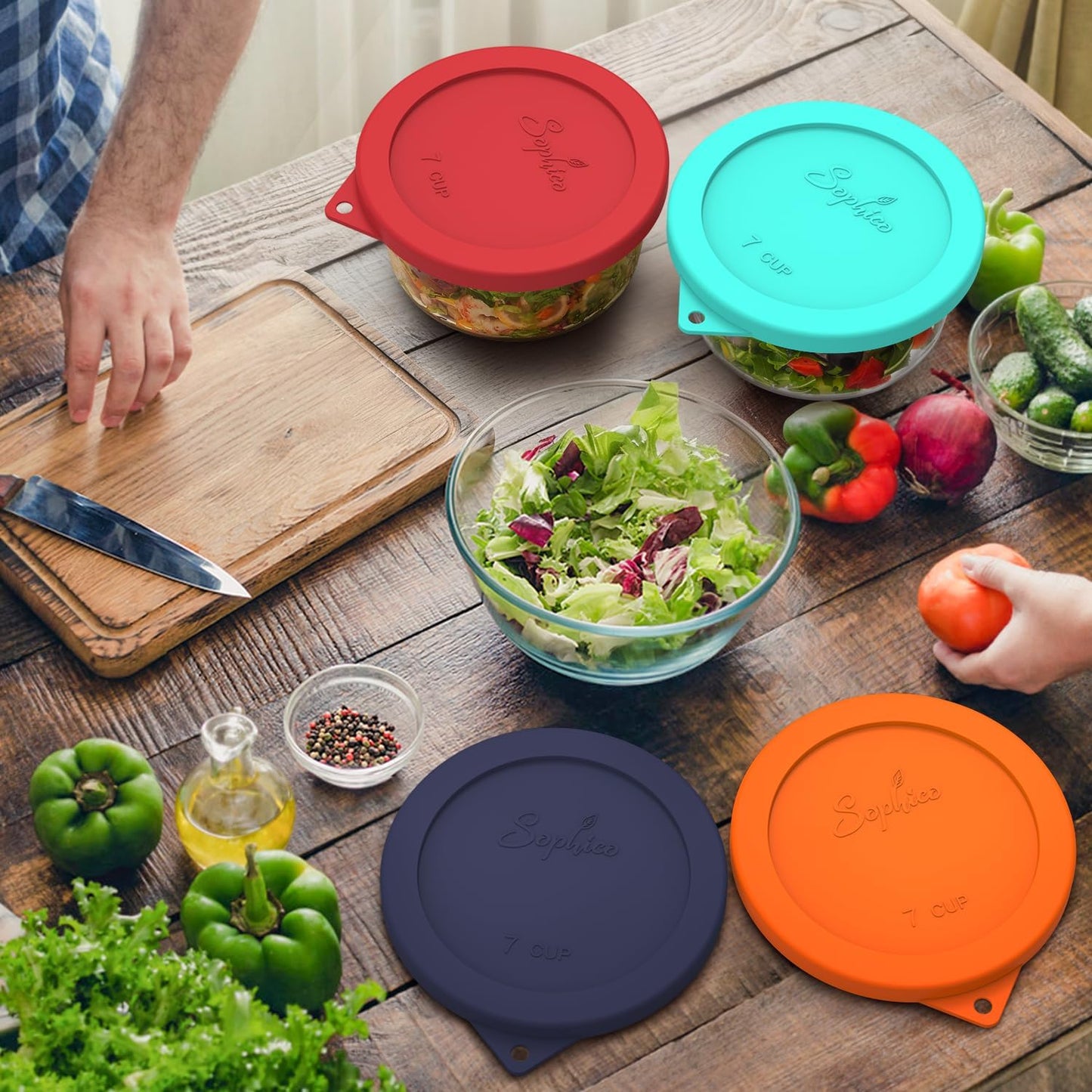 Sophico Sophico Round Silicone Storage Cover Lids Replacement for Anchor Hocking and Pyrex 7402-PC 6/7 Cup Glass Bowls (Container not Included) (MIX-4 pack)