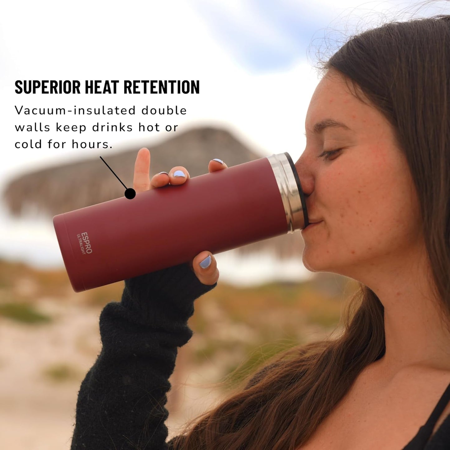 ESPRO P0 Ultralight French Press Coffee Maker for Travel, Vacuum Insulated Stainless Steel, 16 Ounces, Cranberry