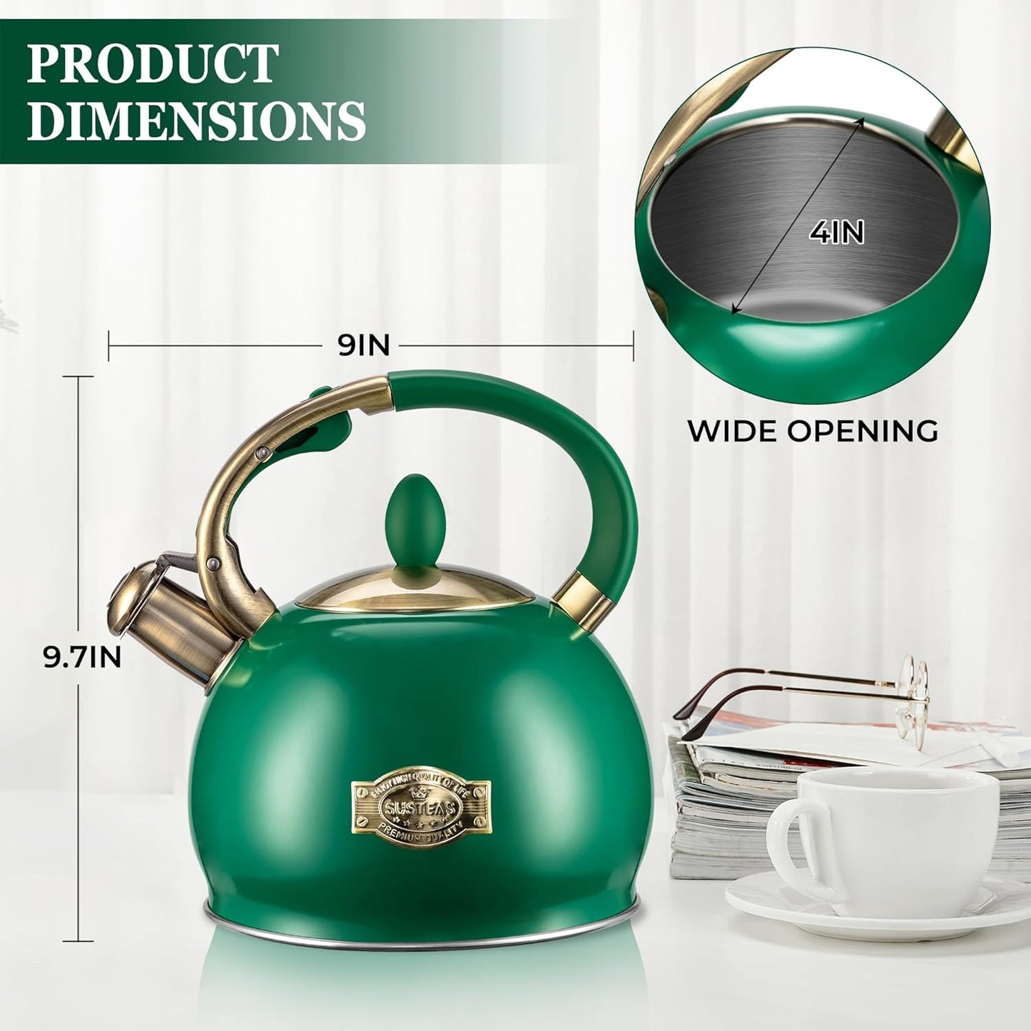 SUSTEAS Stove Top Whistling Tea Kettle - Food Grade Stainless Steel Teakettle Teapot with Cool Touch Ergonomic Handle, With 1 Silicone Pinch Mitt Included, 2.64 Quart (Green)