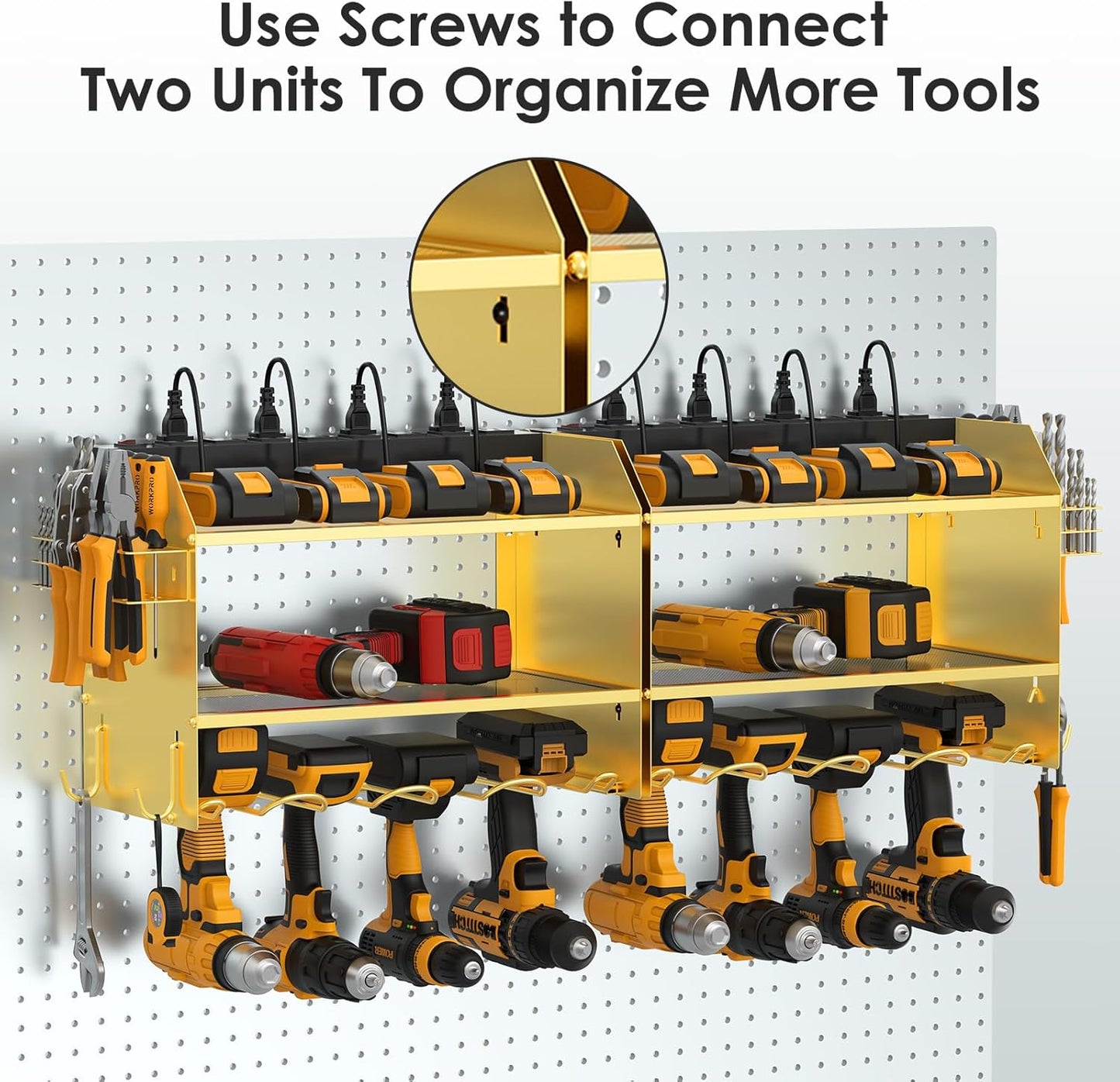 CCCEI Modular Power Tool Organizer Wall Mount with Charging Station. Garage Drill Storage Shelf with Hooks, Heavy Duty Rack, Tool Battery Holder Built in 8 Outlet. Gift for Men. Glod, 1 Pack.