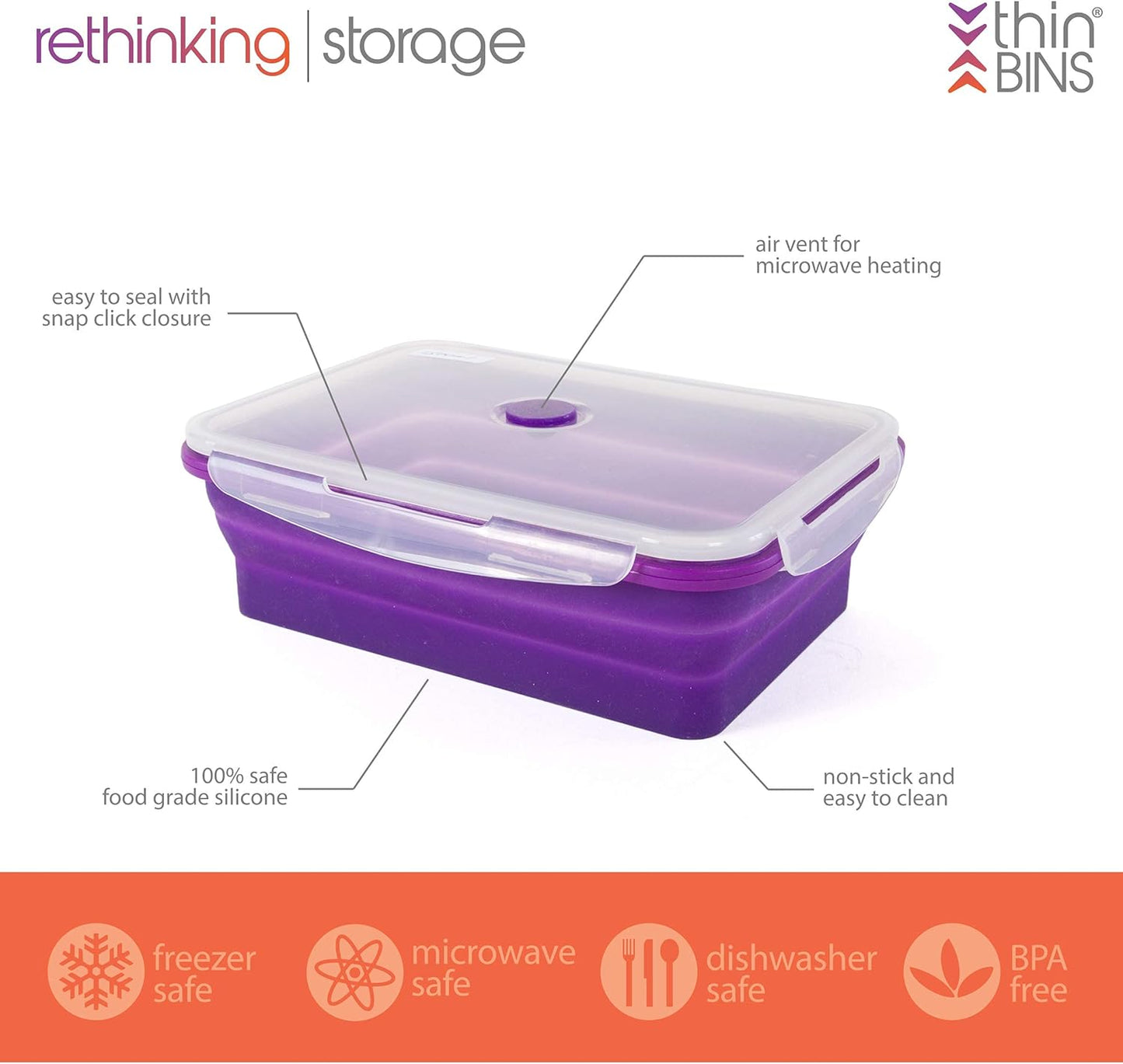 Kitchen Home Thin Bins Collapsible Containers – Set of 2 Extra Large Rectangle Silicone Food Storage Containers – BPA Free, Microwave, Dishwasher and Freezer Safe