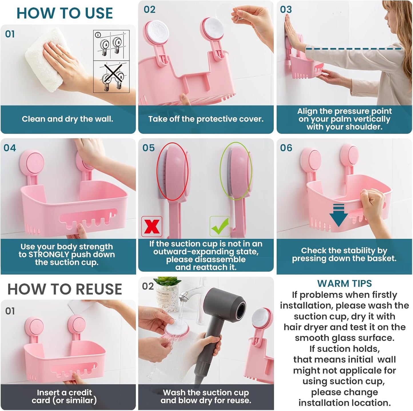 TAILI Shower Caddy Suction Cup, Heavy Duty Bathroom Organizer, Removable Shelves for Inside Shower, Shampoo, Waterproof Suction Plastic Storage for Bathroom Accessories Holder, Pink