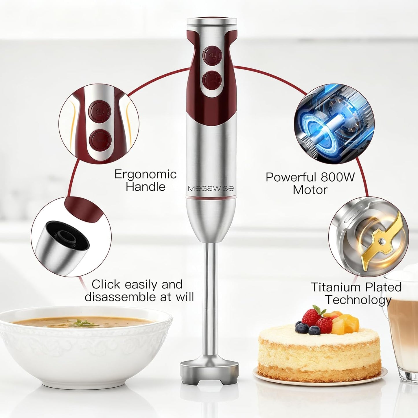 3- in-1 Immersion Hand blender, Powerful MOTOR & Stainless Steel Stick Blender, 4 Sharp Blades with Whisk, Milk Frother Attachments