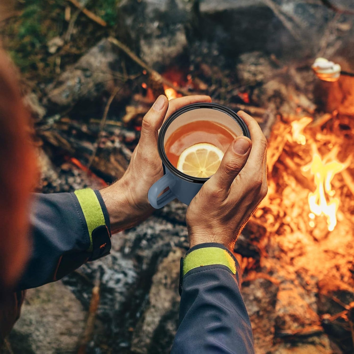 P&P CHEF Enamel Camping Coffee Mug Set of 6, Small Colored Mugs Cups for Family Gathering/Friend Party/Camping/Picnic/Fishing, Lightweight & Portable -12 Ounce, 350ML & Blue