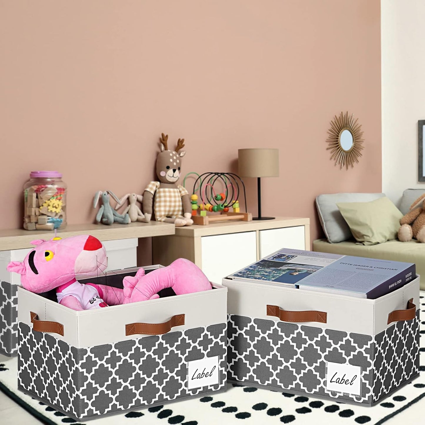 GhvyenntteS Extra Large Storage Bins with Lids, Foldable Fabric Storage Boxes with Lids and 3 Leather Handles, Storage Baskets with Label Window (6 Pack, Grey&Black, 15.75x11.8x10.2)