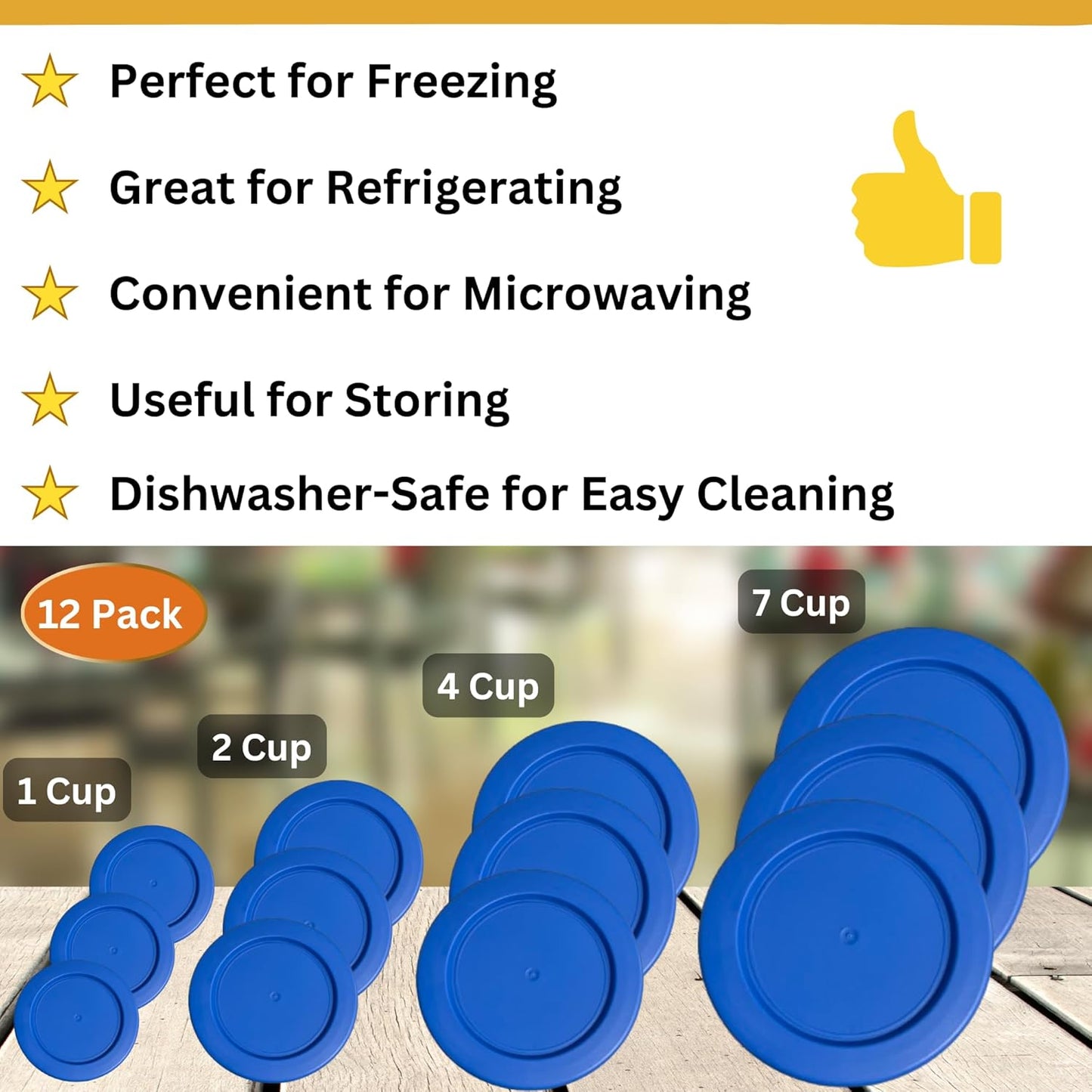 1, 2, 4 & 7 Cup Blue Replacement Lids/Covers for Pyrex, Anchor Hocking & KlareWare Storage Bowls *Lids Only Glass Container Not Included* (12 Pack *Three of Each Size*)