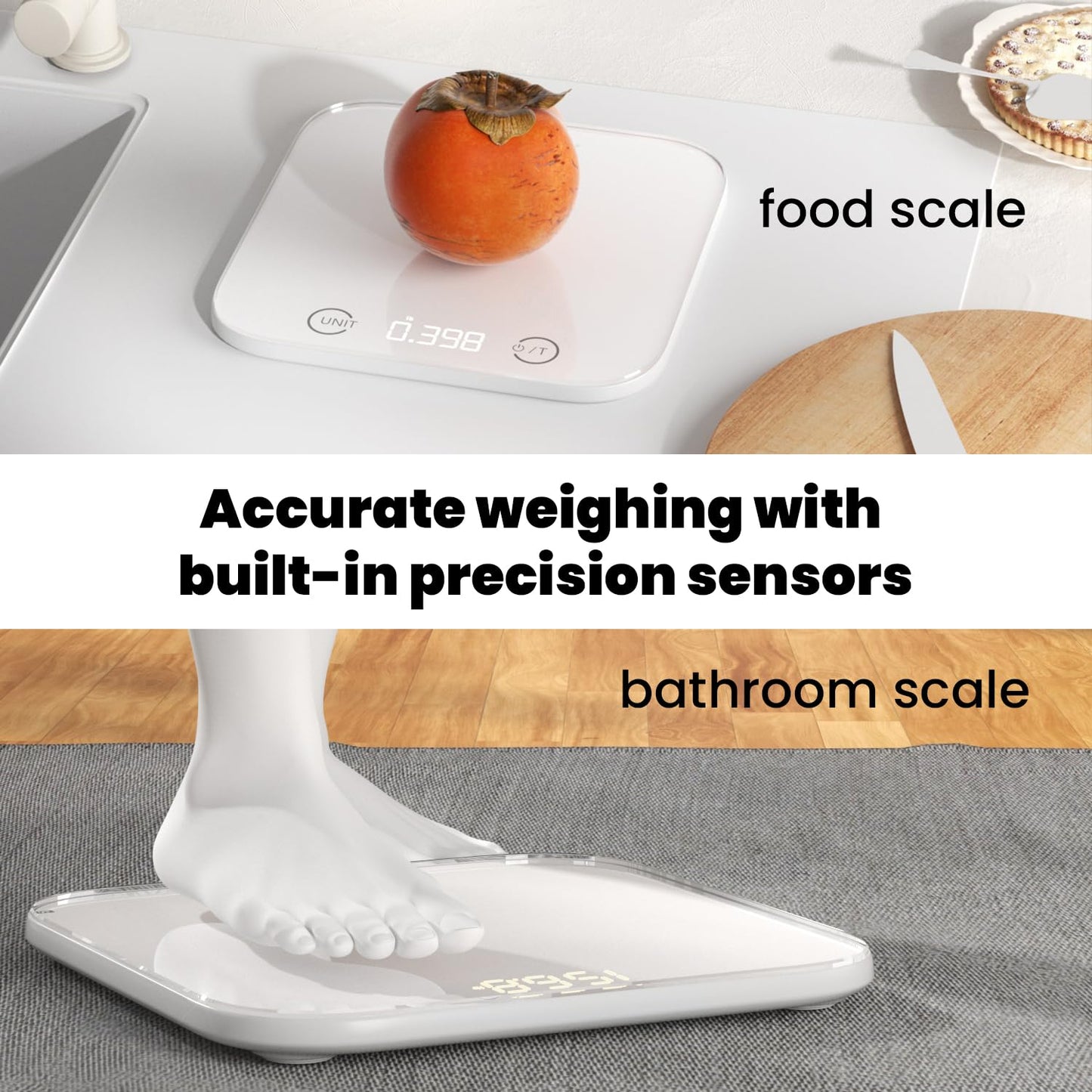 Kitchen and Bathroom Bundle-Digital food scale for Ounces and Grams11lb,Slim body weight Scale 400lb,Tempered glass,touch button LCD display,Precise Weight Measuring and Portion Control,white