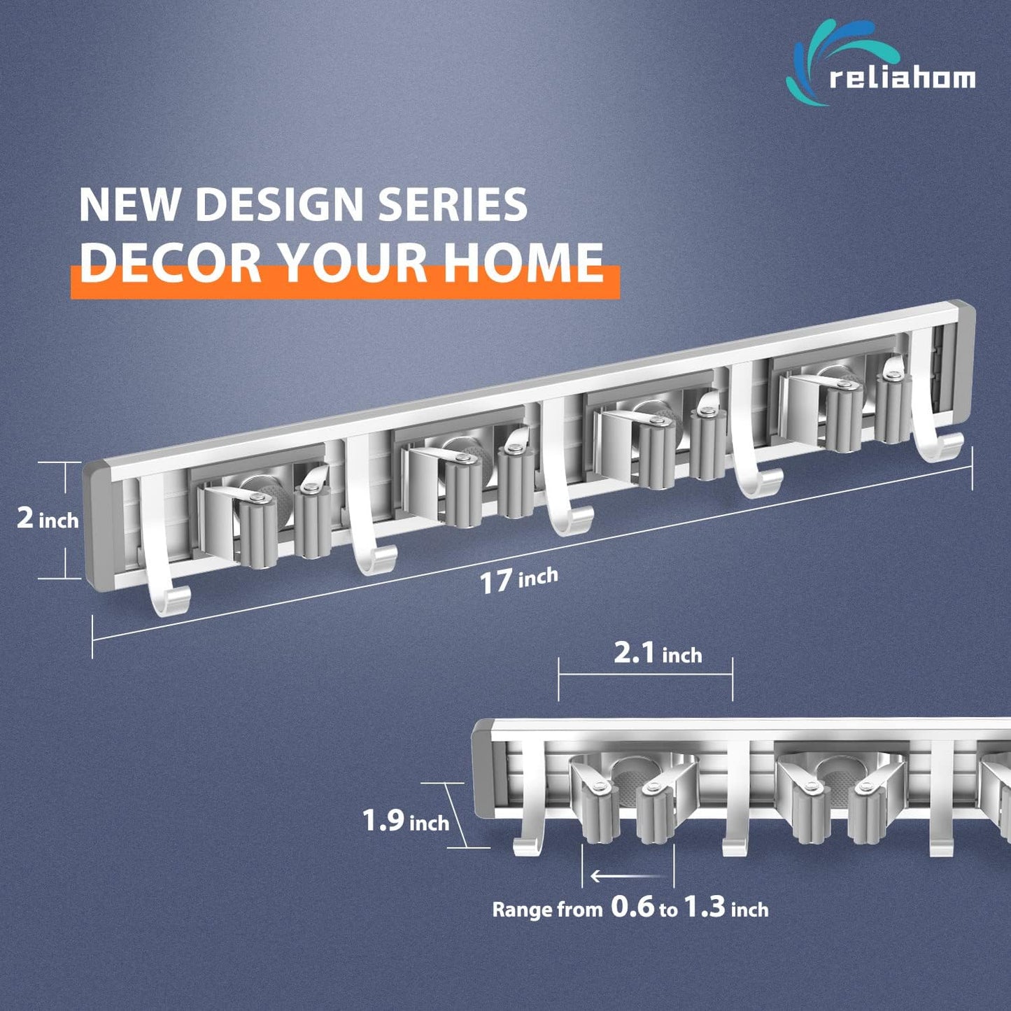 reliahom Broom Holder Wall Mount Mop and Broom Hanger Wall Mounted Garage Storage Rack Kitchen Garden Tool Organizer (4 Racks with 5 Hooks, Silver)