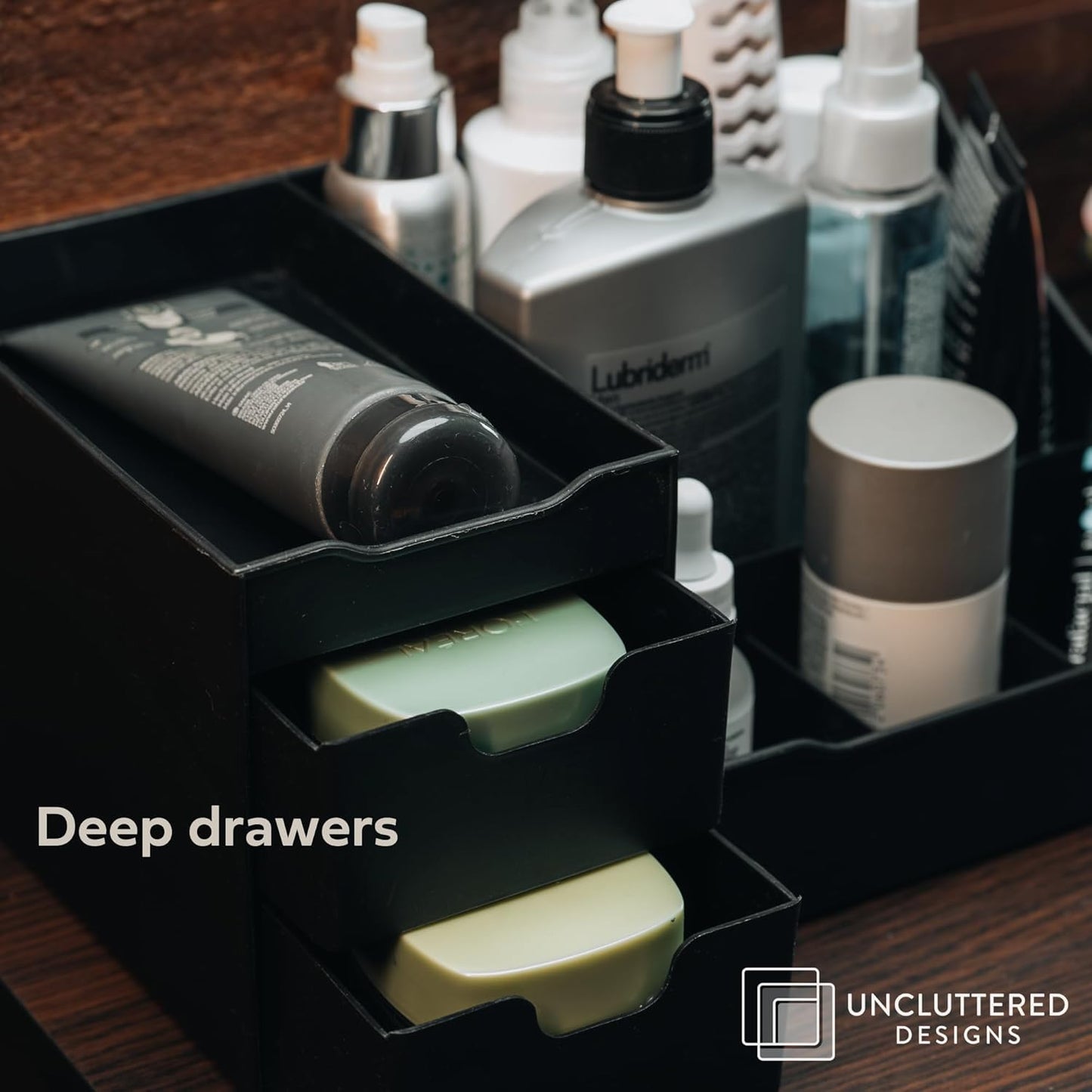 Uncluttered Designs Large Black Vanity Organizer - Countertop Mens Organizer With Drawers for Cologne, Deodorant, Beard, Shaving Lotion, Perfume & Skincare - Perfect for Bathroom & Bedroom Storage