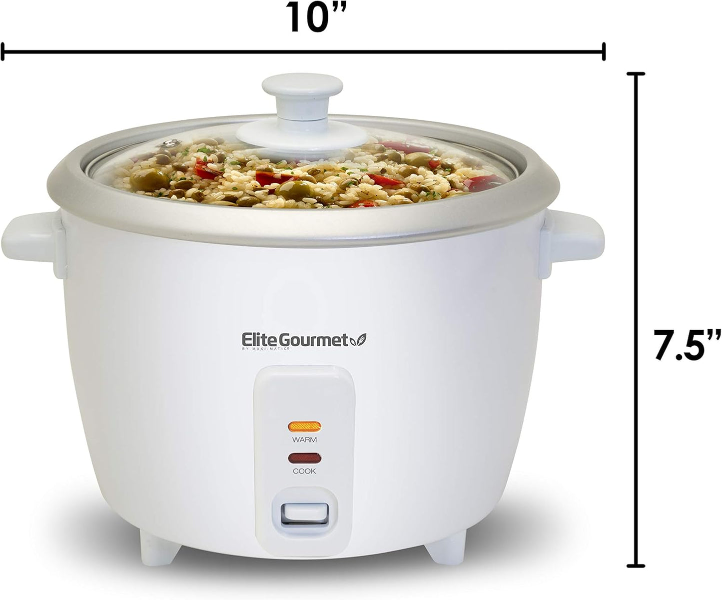 Elite Gourmet Elite Cuisine ERC006 Electric Rice Cooker with Automatic Keep Warm Makes Soups, Stews, Grains, Hot Cereals, White, 6 Cups Cooked (3 Cups Uncooked)