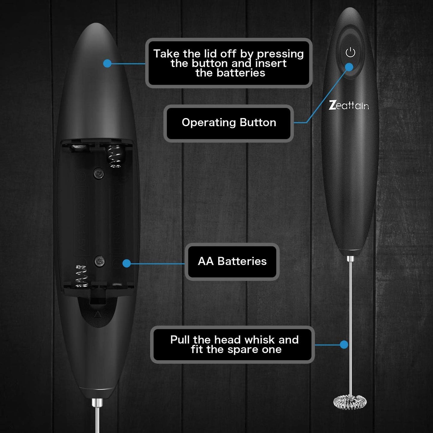 Milk Frother Handheld Mixer, Battery Operated Electric Whisk Foam Maker for Cappuccino,Latte,Coffee,Matcha & More - Black