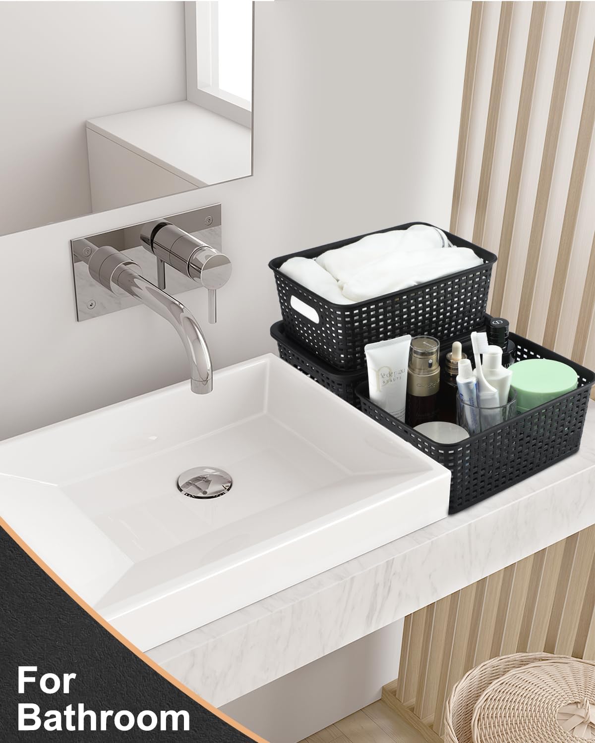 AREYZIN Storage Bins Plastic Storage Baskets With Lid Small Baskets for Organizing Stackable Storage Container Organizer Bins for Shelves Drawers Desktop Playroom Classroom Office, 6 Pack,Black