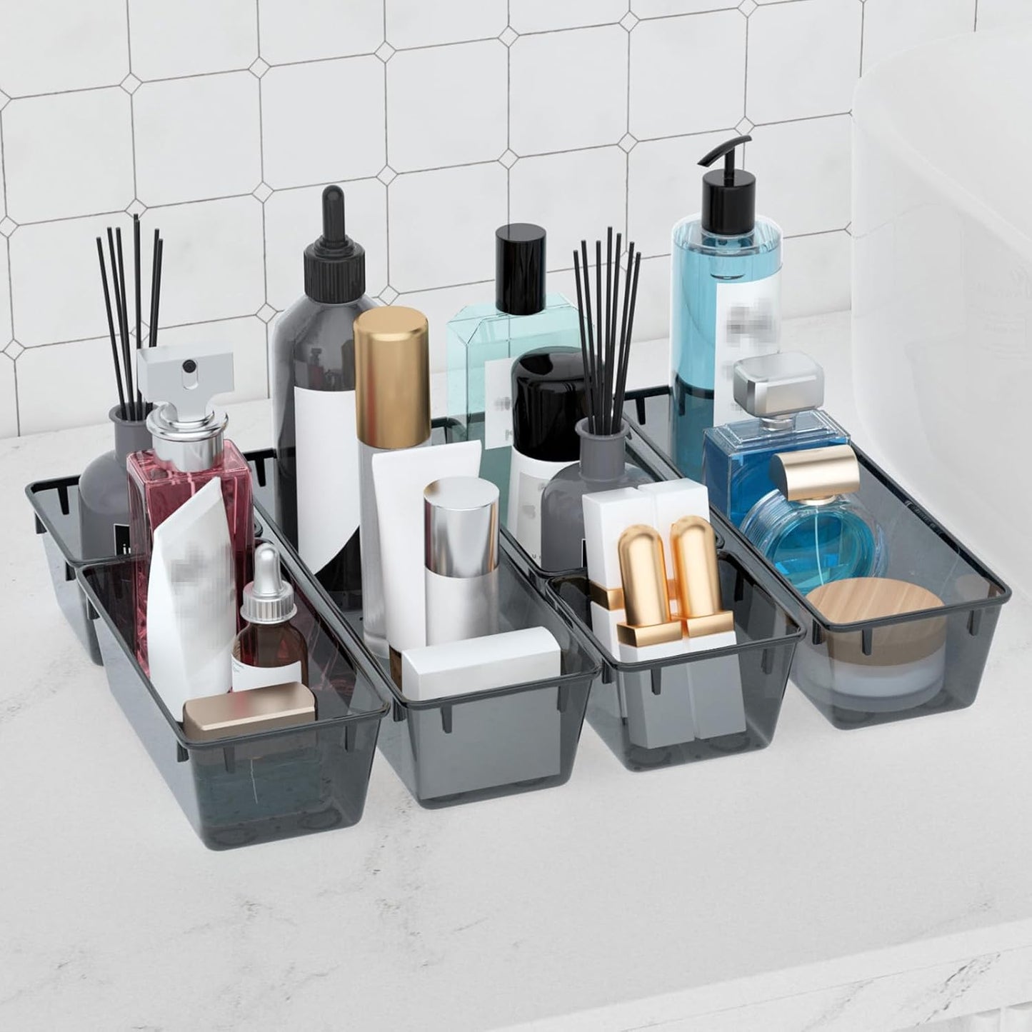 WOWBOX 9 Pack Clear Drawer Organizer Set, Acrylic Drawer Storage Trays, Storage Bins for Makeup, Cosmetics, Jewelries, Utensils, Gadgets, Office, Black