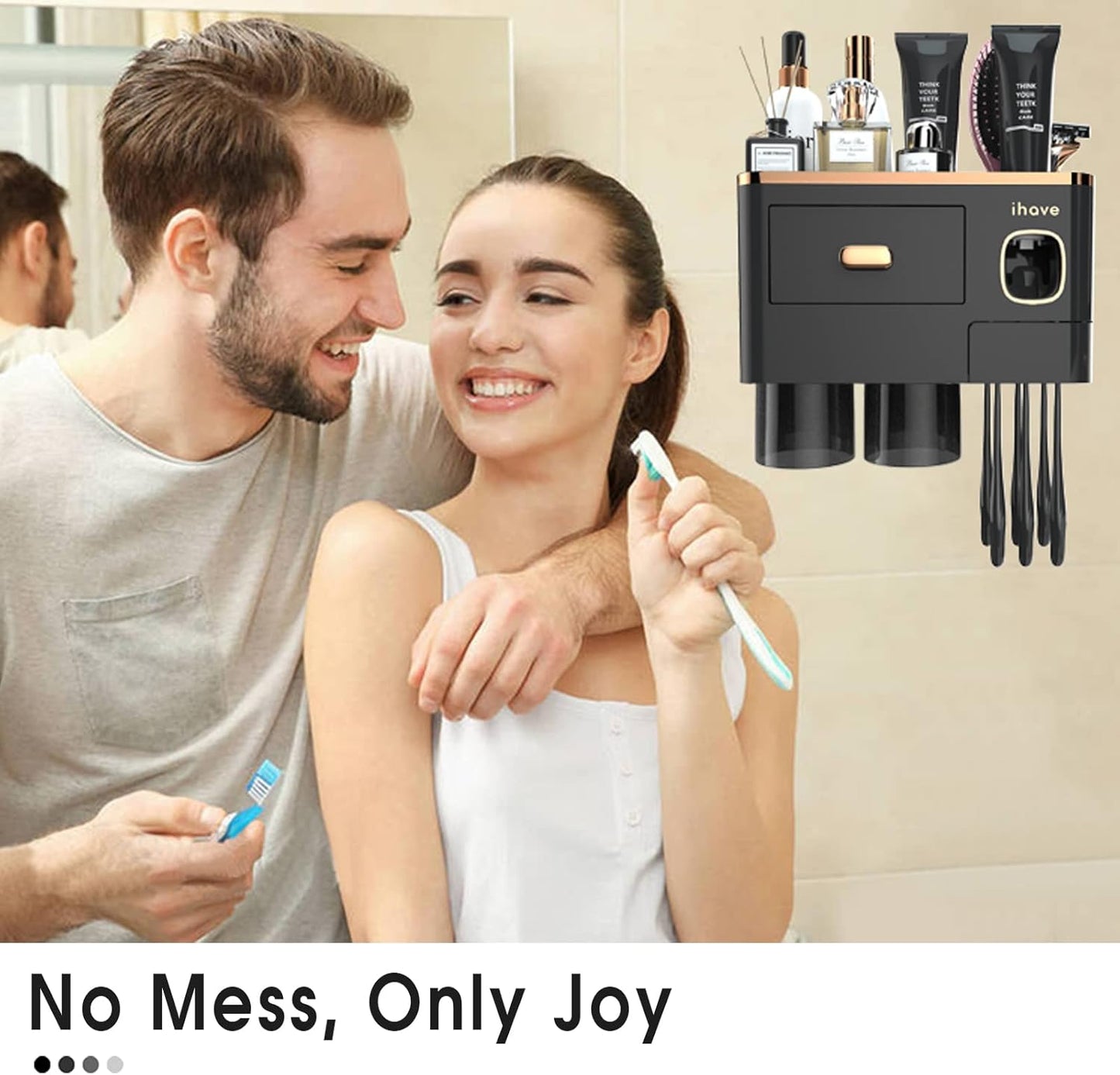 iHave Toothbrush Holders for Bathrooms - Upgrade Wall Mounted Toothbrush Holder with Toothpaste Dispenser - 2 Cups, Large Capacity Tray, Cosmetic Drawer - Bathroom Decor & Bathroom Accessories