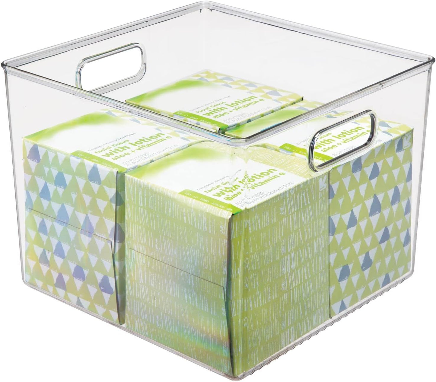 mDesign Plastic Modern Storage Organizer Bin Basket with Handles for Bathroom Organization - Shelf, Cubby, Cabinet, Vanity, and Closet Organizing Decor - Ligne Collection - Clear