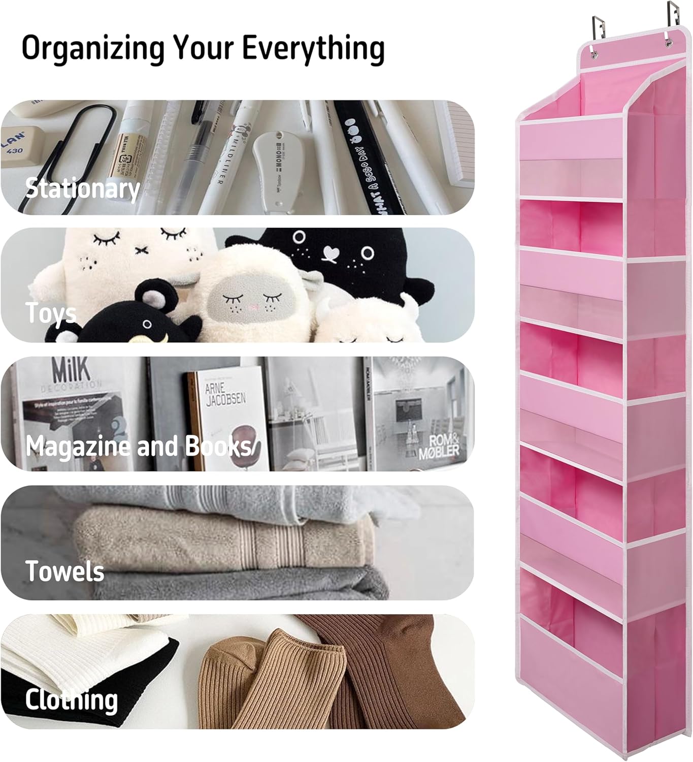 Over Door Organizer with 5 Large Pockets, Heavy Duty Hanging Organizer Storage, Closet Bathroom Nursery Bedroom Dorm, Toys Cosmetics Sundries and Baby Essentials, Pink