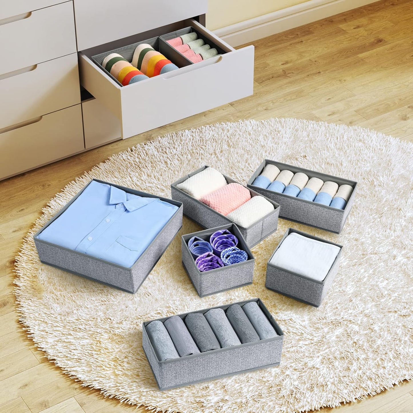 DIMJ Drawer Organizers - 12 Pack Foldable Closet & Sock Organizers, Fabric Dresser Drawer Dividers for Clothes, Underwear, Bras, Socks