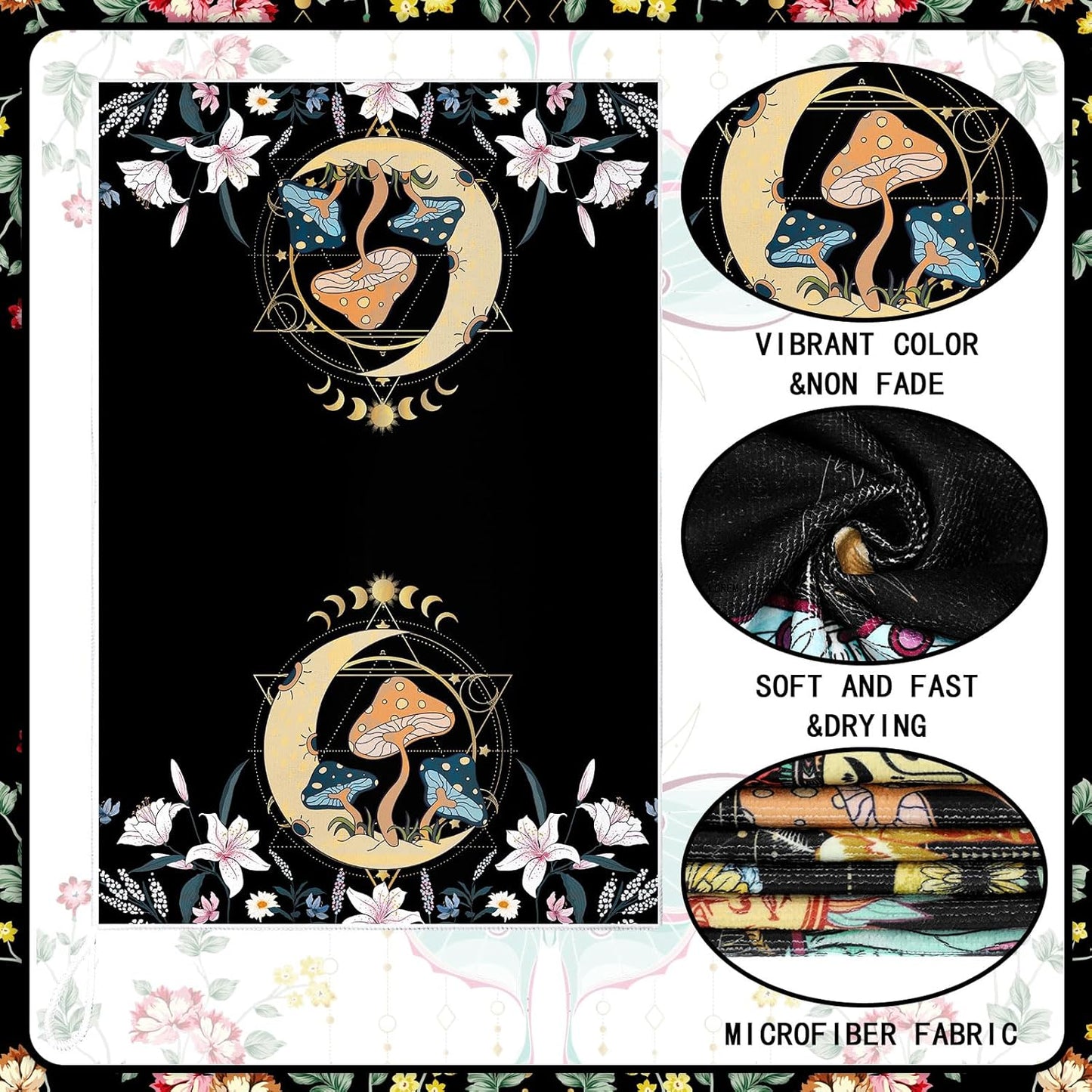 Boyiee Set of 6 Witchy Kitchen Towels Boho Tea Towels Absorbent Mushroom Floral Dish Towels 24 x 16'' Gothic Dish Towels Sun Moon Star Butterfly Hand Towels Gifts for Farmhouse Kitchen Bathroom