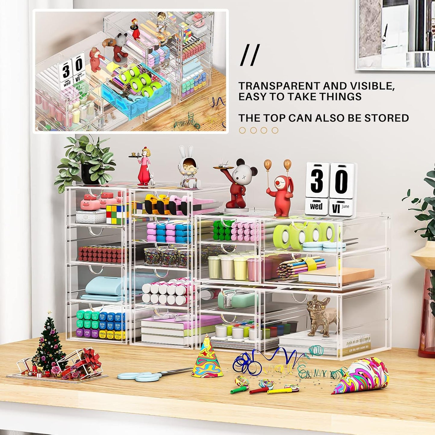Makeup Organizer Storage With 16 Drawers, 4 Pcs Desktop Office Supplies, Desk Organizers, Clear Accessories, Dustproof Storage Drawer and for Make Up, Jewelry, Pen, Stationary