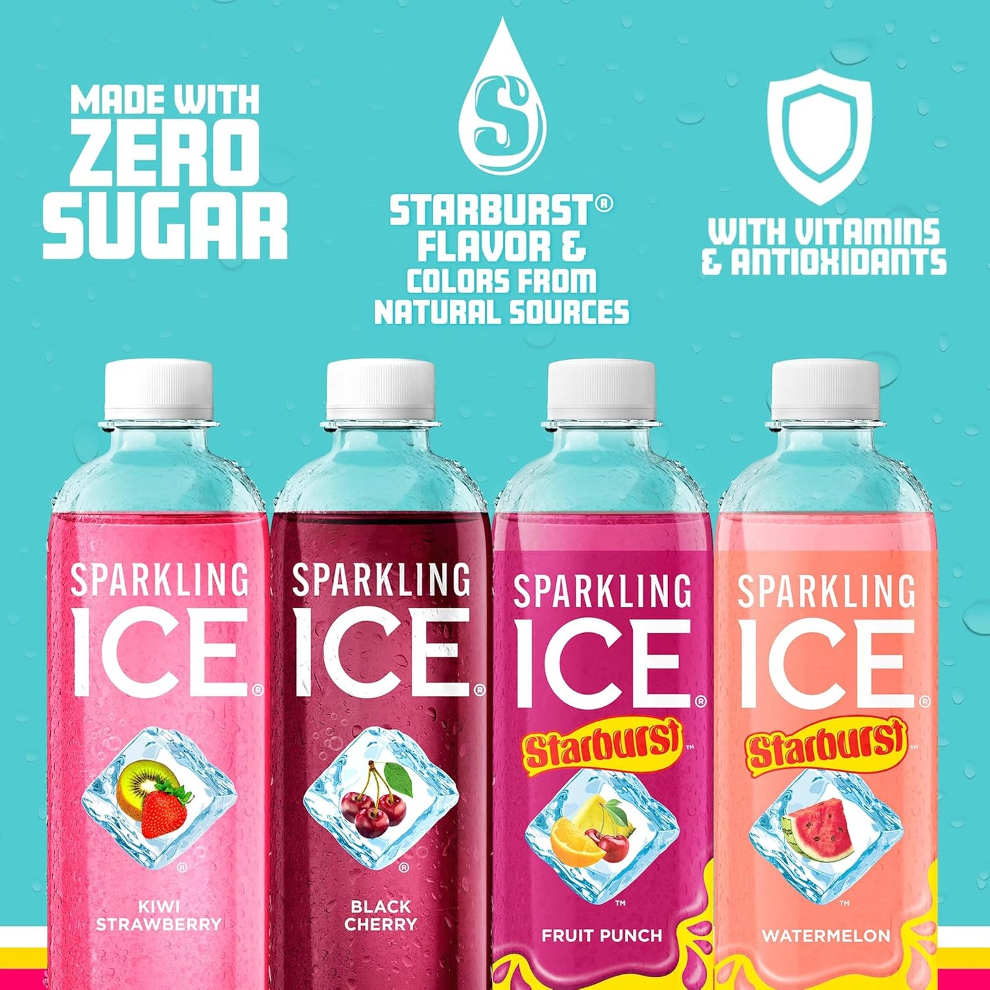 Sparkling Ice STARBURST Red Variety Pack, Zero Sugar Flavored Sparkling Water, Vitamins & Antioxidants, 17 fl oz, 12 count (Kiwi Strawberry, Black Cherry, Starburst Fruit Punch, Starburst Watermelon)