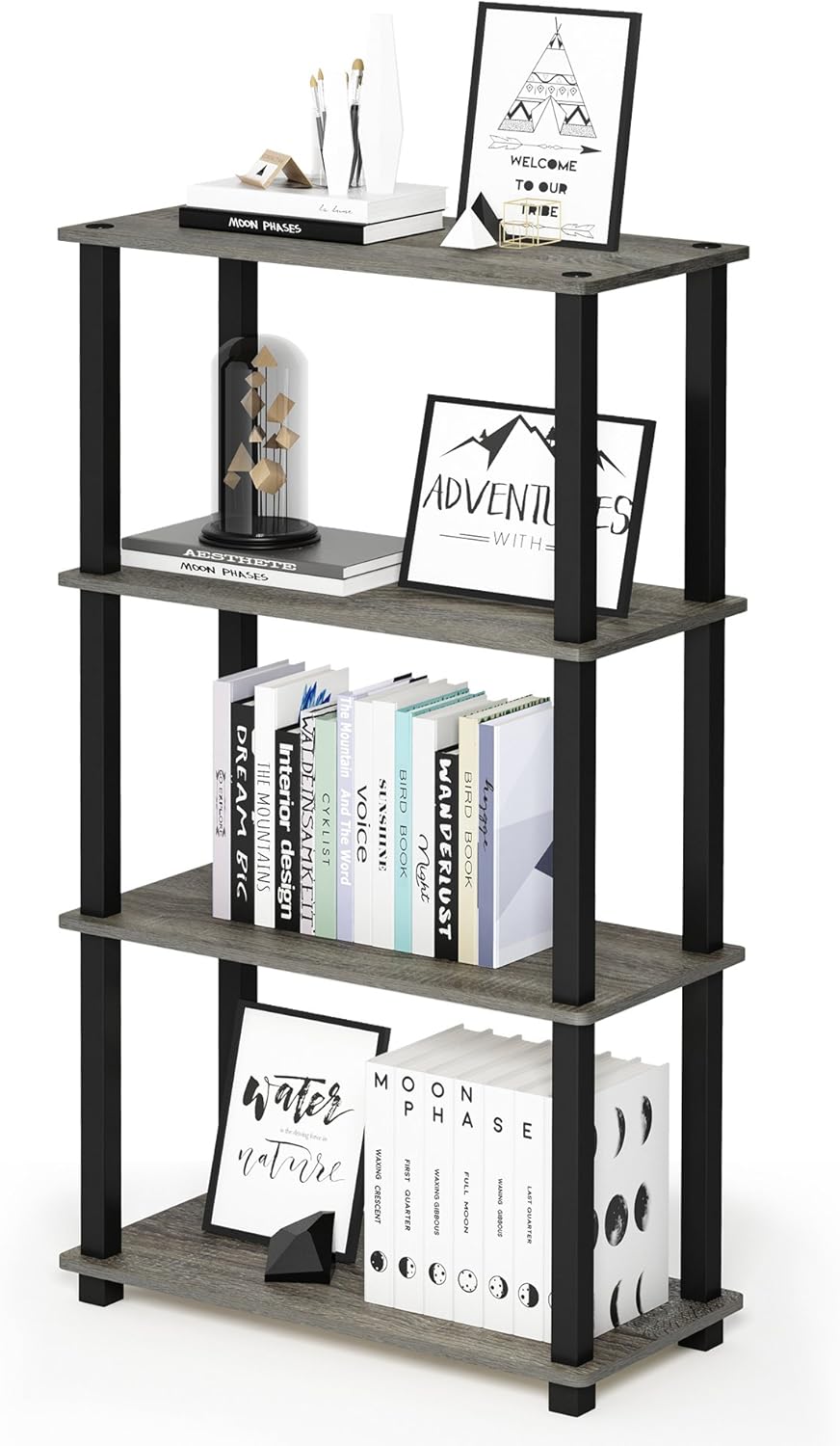 Furinno Turn-N-Tube 4-Tier Multipurpose Shelf Display Rack, Square Tube, French Oak Grey/Black