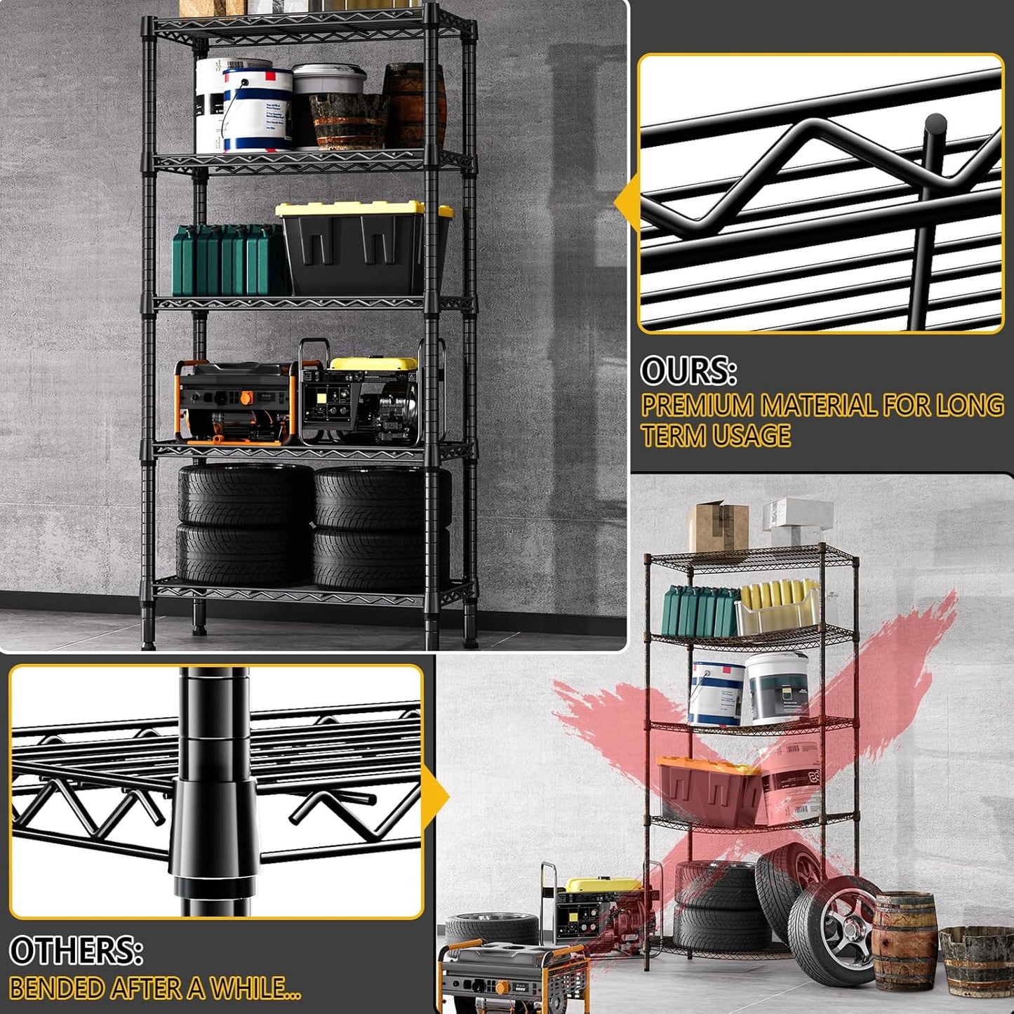 1250 lbs 5 Tier Shelf Metal Storage Shelves Wire Rack Closet Organizers for Garage Kitchen Bathroom Laundry Black 11.8" D x 29.5" W x 59.5" H