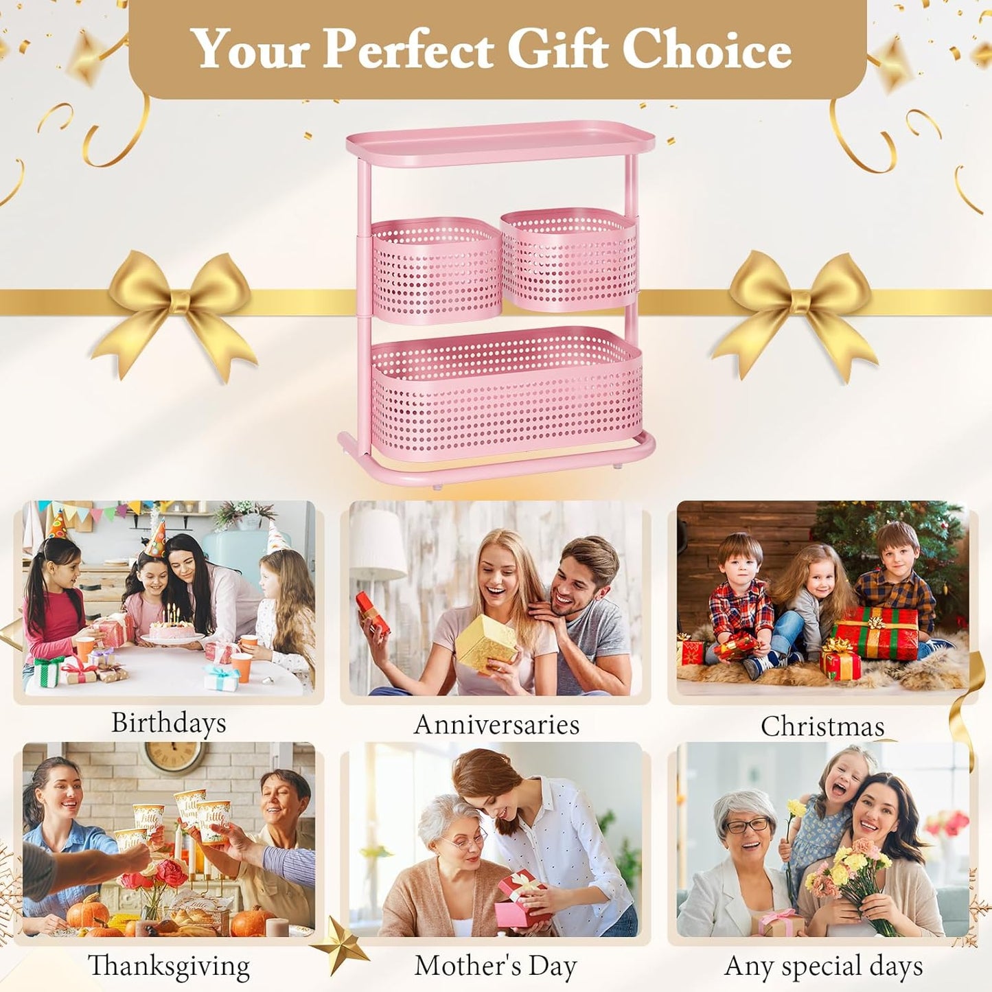 KINGRACK 3 Tier Bathroom Organizer Countertop, Multi-Purpose Makeup Organizer, Rotating Desktop Skincare Organizer, Vanity Tray Standing Rack for Bathroom, Pink