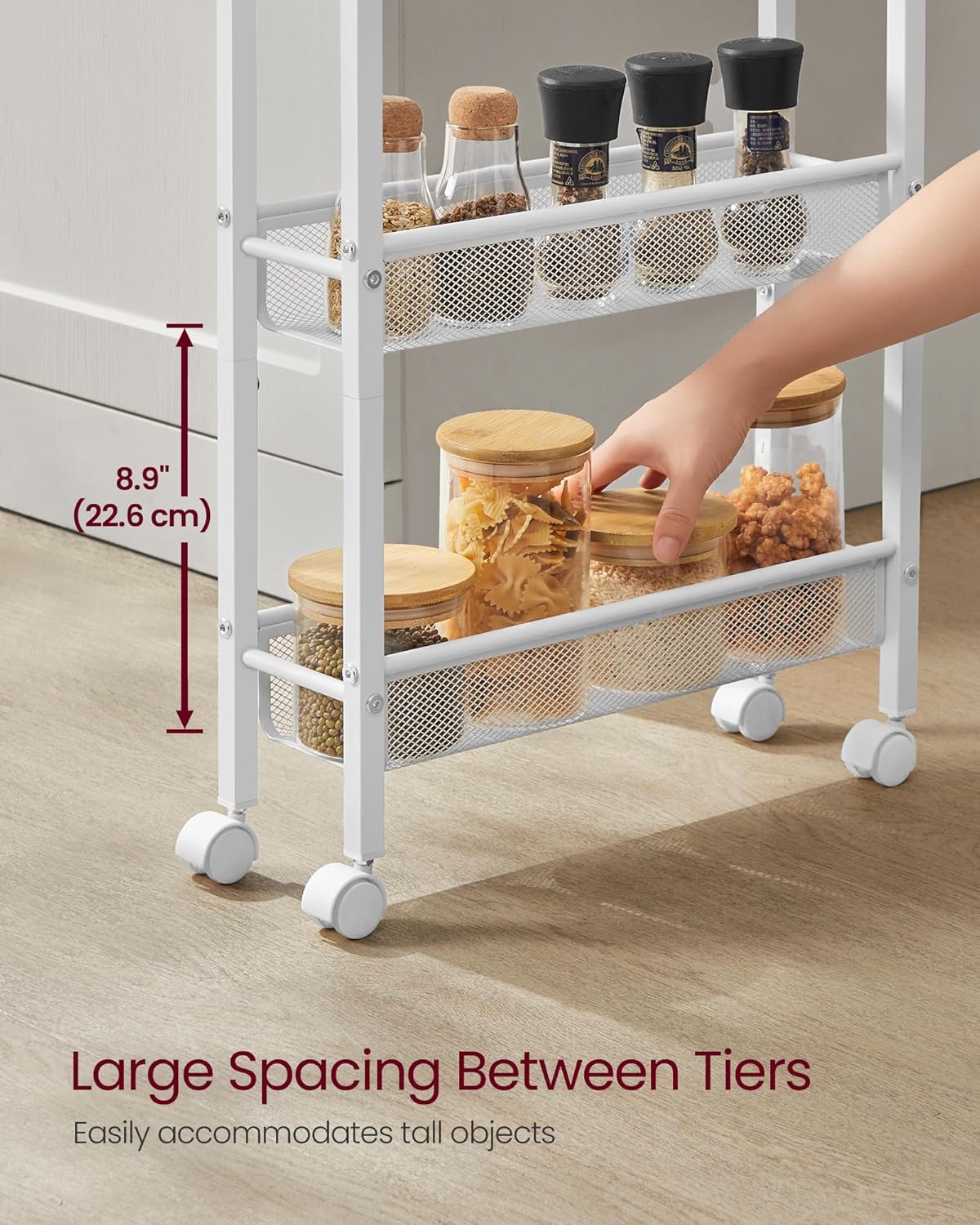 VASAGLE Slim Rolling Cart, 5-Tier Storage Cart, Narrow Cart with Handle, 5.1 Inches Deep, Metal Frame, for Kitchen, Dining Room, Living Room, Home Office, Oak Beige and Classic White ULRC034W09