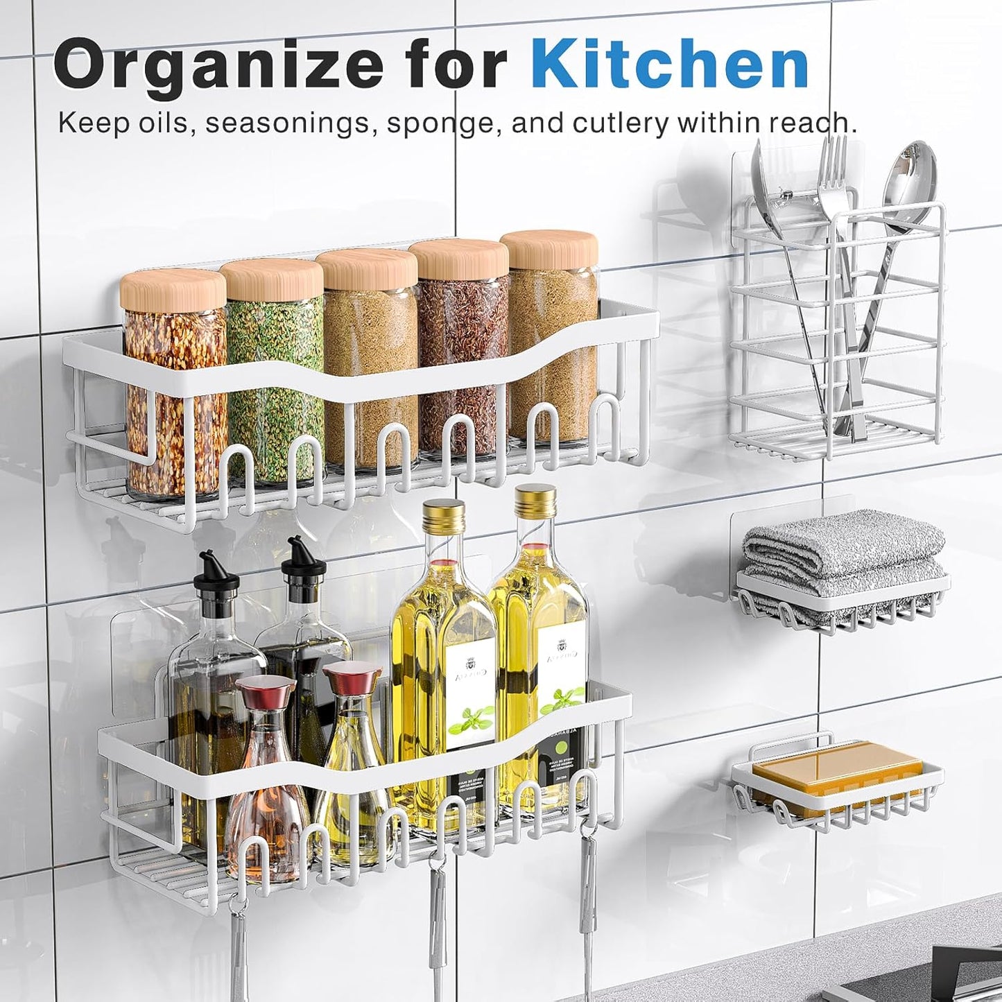 EUDELE 5-Pack Rustproof Stainless Steel Shower Caddy Set– No Drill Adhesive Bathroom Organizer, Space-Saving Shower Shelves for Apartment Essentials, Bathroom/Kitchen Storage Home Decor-L Size