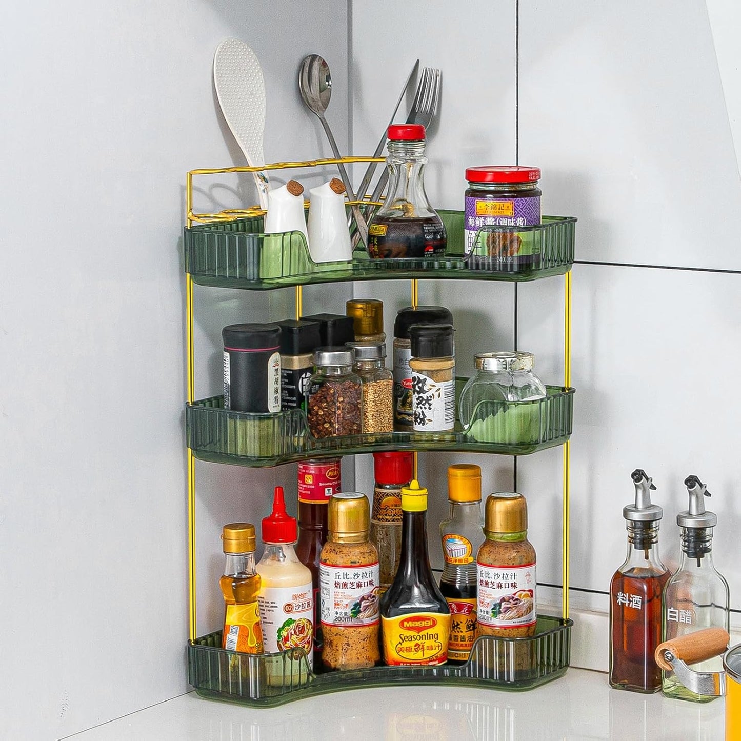 Upgraded 3-Tier Corner Bathroom Countertop Organizer – Spacious Storage for Makeup, Skincare & Perfumes, Built-in Brush Holder Fits Vanity/Dresser/Bsthtub (Sage Green)