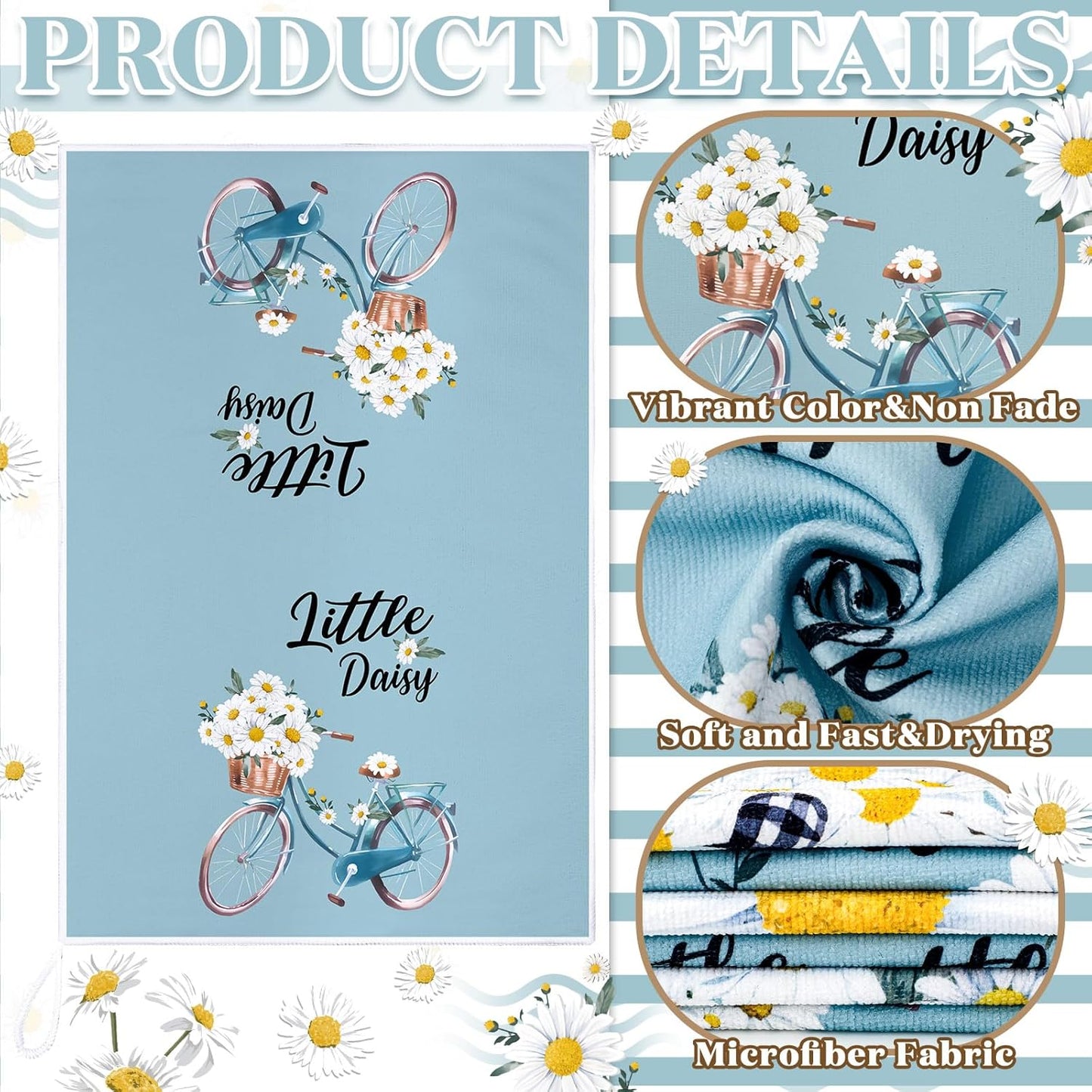 Boyiee Set of 6 Daisy Flower Kitchen Towels Daisy Stripes Tea Towels Floral Absorbent Dishtowels 24 x 16 Inches Housewarming Gifts Blue Hand Wash Cloth for Farmhouse Kitchen Bathroom Decorations