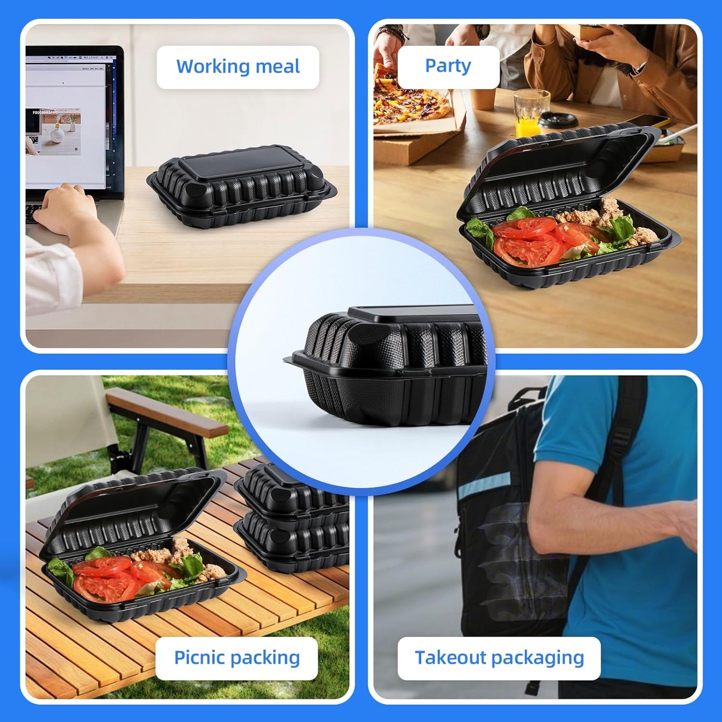 YANGRUI Takeout Containers 9x6 28 oz 50 Pack - Shrink Wrapped Mineral-Filled BPA Free PP Plastic | Reusable Heavy Duty Microwave & Freezer Safe | Restaurant Grade Black Clamshell Food Container