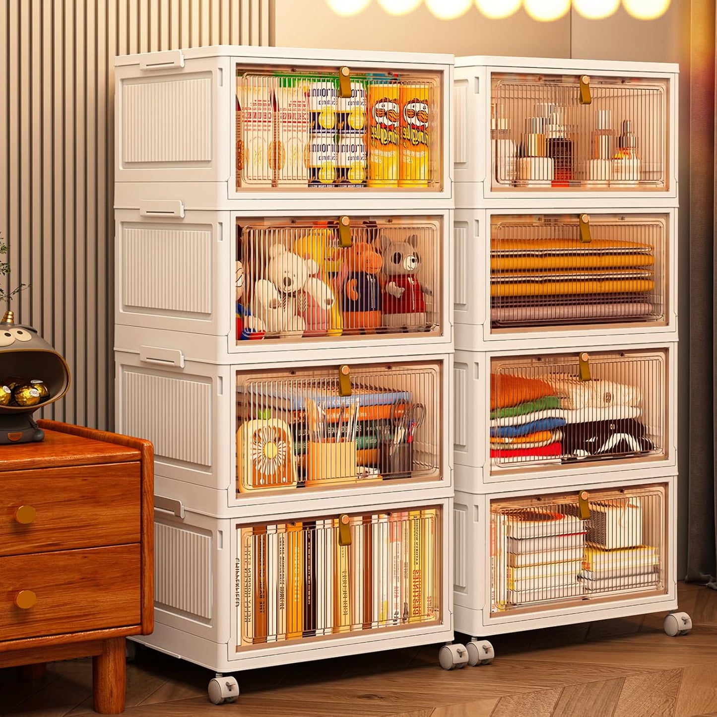 4 Tier Stackable Storage Bins with Lids, 28Qt Plastic Storage Containers with Magnetic Doors & Wheels, Convenient Storage Bins Closet Organizers, Household Organization for Home, Party, Office, Dorm