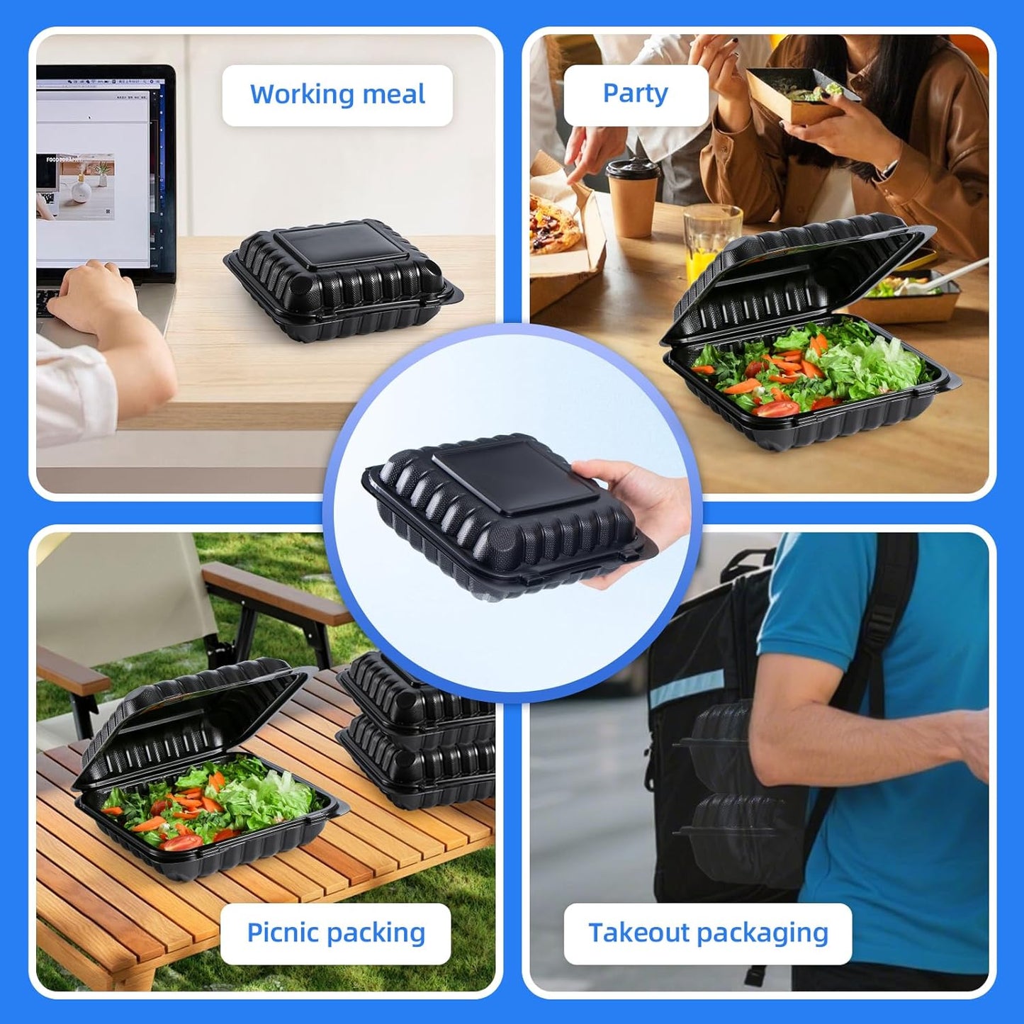 YANGRUI Takeout Containers 8 Inch 34 oz 55 Pack - Mineral Filled BPA Free Polypropylene Plastic | Shrink Wrapped Freezer & Microwave Safe | Black Reusable Hinged Clamshell Food Container