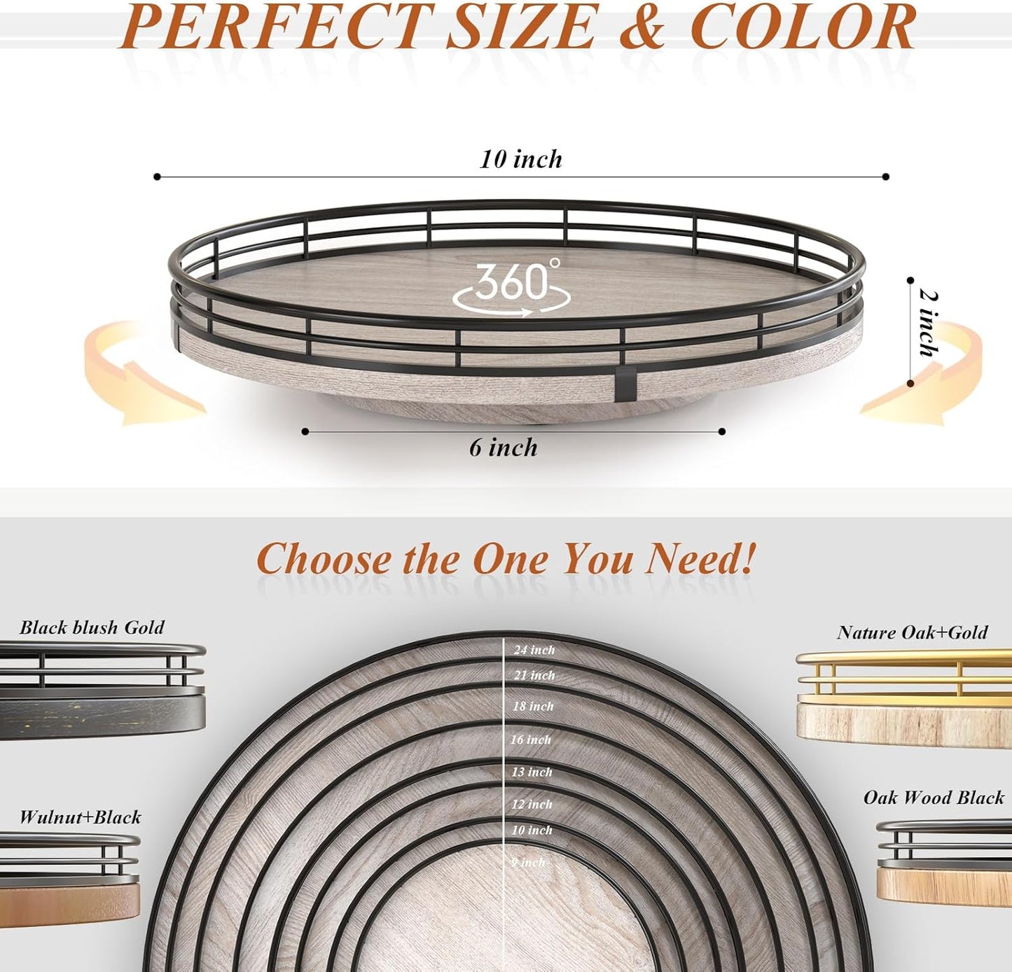 10" Oak Bathroom Vanity Tray Turntable for Perfume Candle, Round Wooden Decorative Tray for Kitchen Sink Countertop Organizer, Bathroom Counter Organizer for Skincare Makeup, Rustic Whitewased