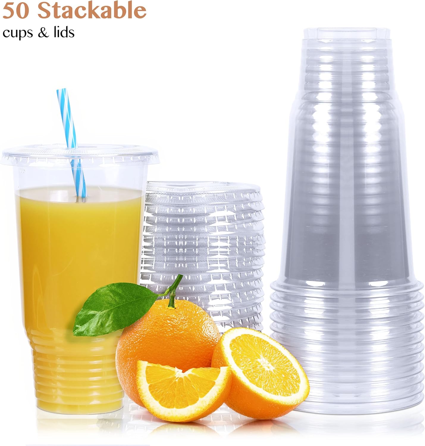 Upper Midland Products 32 OZ Cups and Lids, 50 Sets Large Plastic Disposable Clear Cups For Ice Coffee