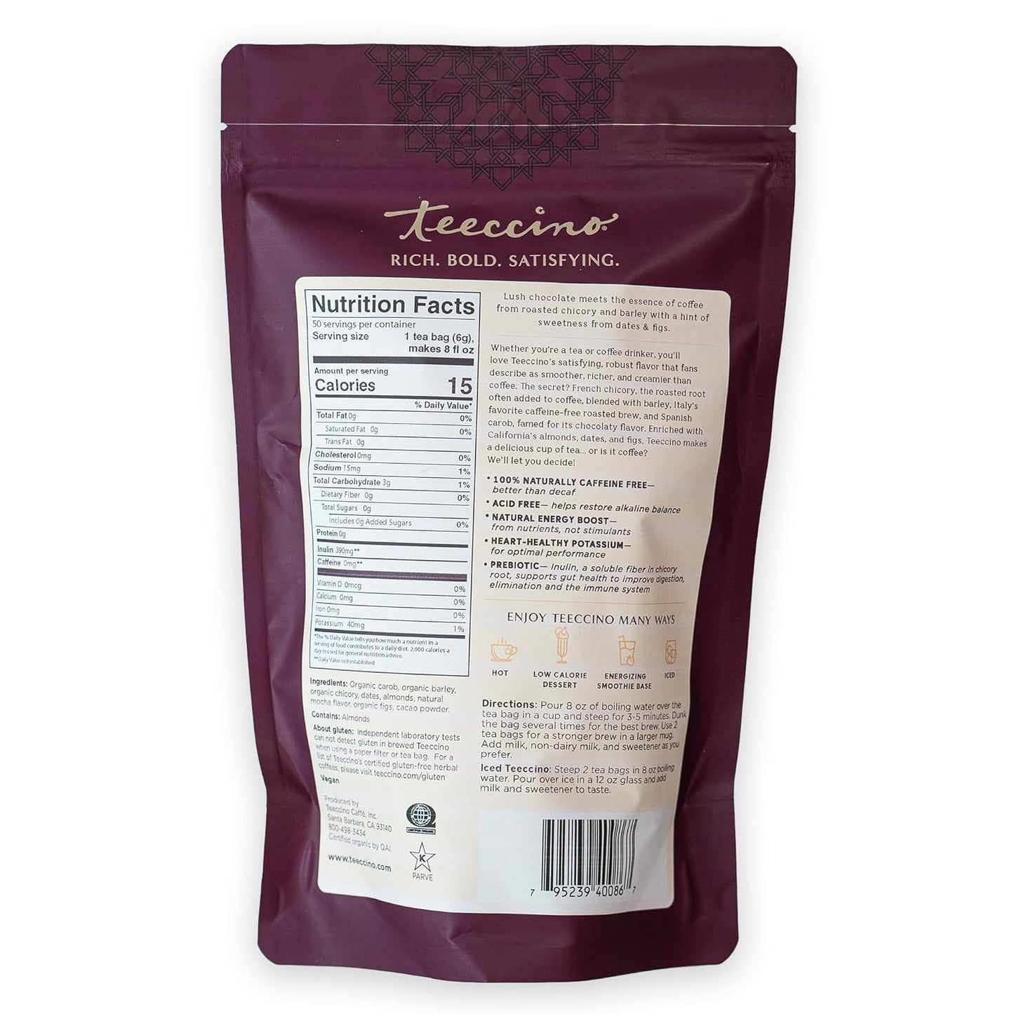 Teeccino Mocha Herbal Tea, 50 Tagless Eco-Friendly Tea Bags - Rich & Roasted Herbal Tea That’s Caffeine Free & Prebiotic for Natural Energy