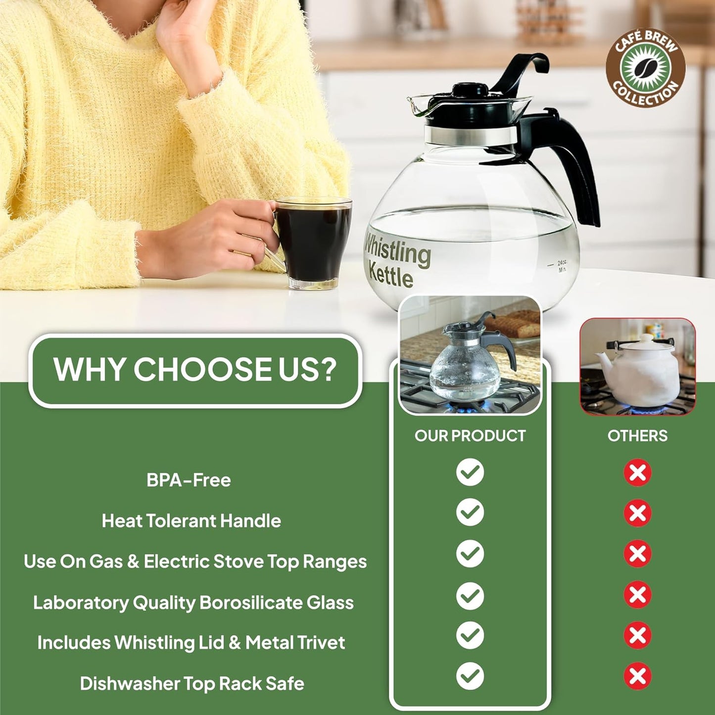 Borosilicate Glass Stove Top Whistling Tea Kettle - 12 Cup/48oz Capacity - BPA-Free - German Made Glass Kettle for Gas, Electric, and Glass Ranges