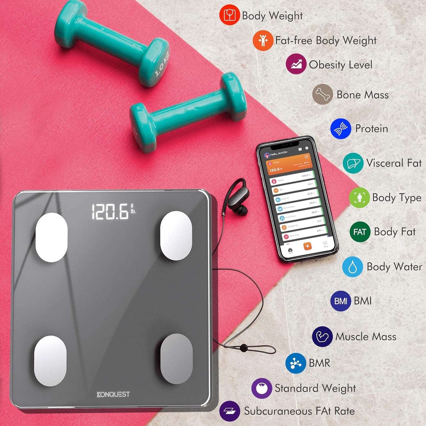 KONQUEST Smart Scale for Body Weight, Digital Bathroom Scale BMI Weighing Bluetooth Body Fat Scale, Body Composition Monitor Health Analyzer with Smartphone App, 400 lbs - Cool Gray