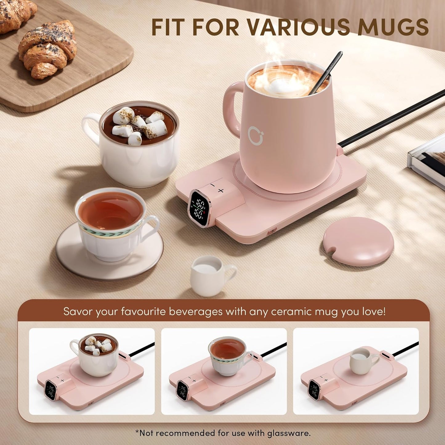 Coffee Mug Warmer Set, Temperature Control Smart Heated Mug for Desk, Electric Coffee Warmer with Auto Shut Off & Real-Time Temp Display, Gifts for Women Men, 15oz, Pink