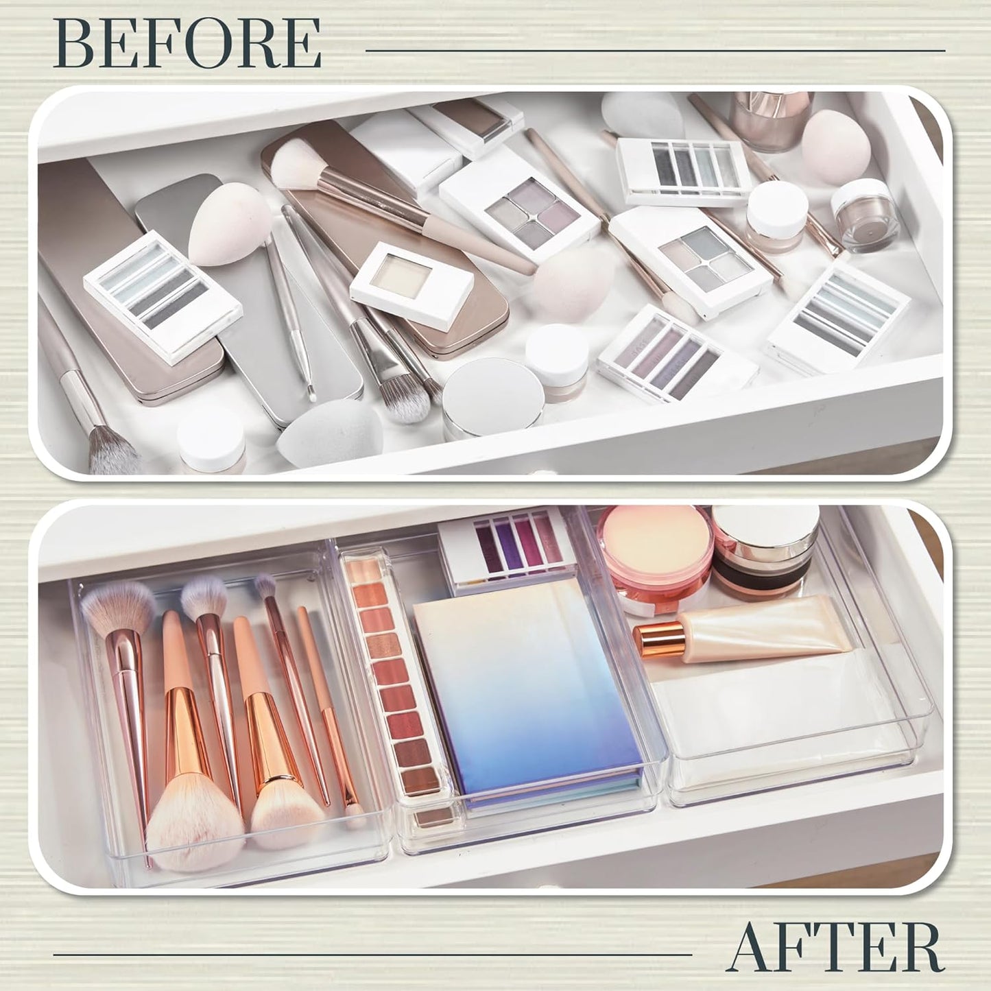 STORi SimpleSort 3-Piece Stackable Clear Drawer Organizer Set | 9" x 6" x 2" Rectangle Trays | Wide Makeup Vanity Storage Bins and Office Desk Drawer Dividers | Made in USA