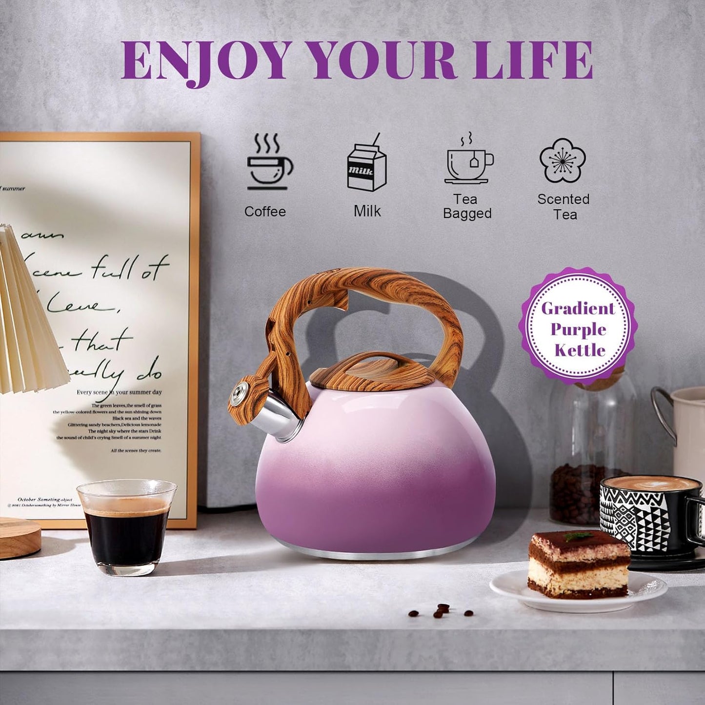 GGC Tea Kettle for Stove Top, 3.1QT/3L Whistling Tea Kettles for Boiling Water Coffee or Milk, Purple Tea Pot with Wood Parttern Handle, Stainless Steel Tea Pot for Home and Kitchen