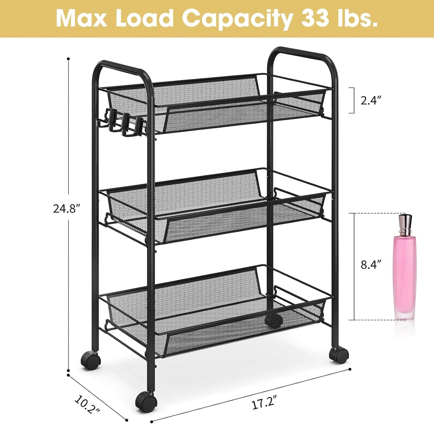 TOOLF 3-Tier Metal Rolling Cart, Mesh Wire Easy Assemble Utility Cart, Storage Trolley on Wheels with 3 Hooks, MetalStorage Shelving Units for Kitchen Bathroom Laundry Room
