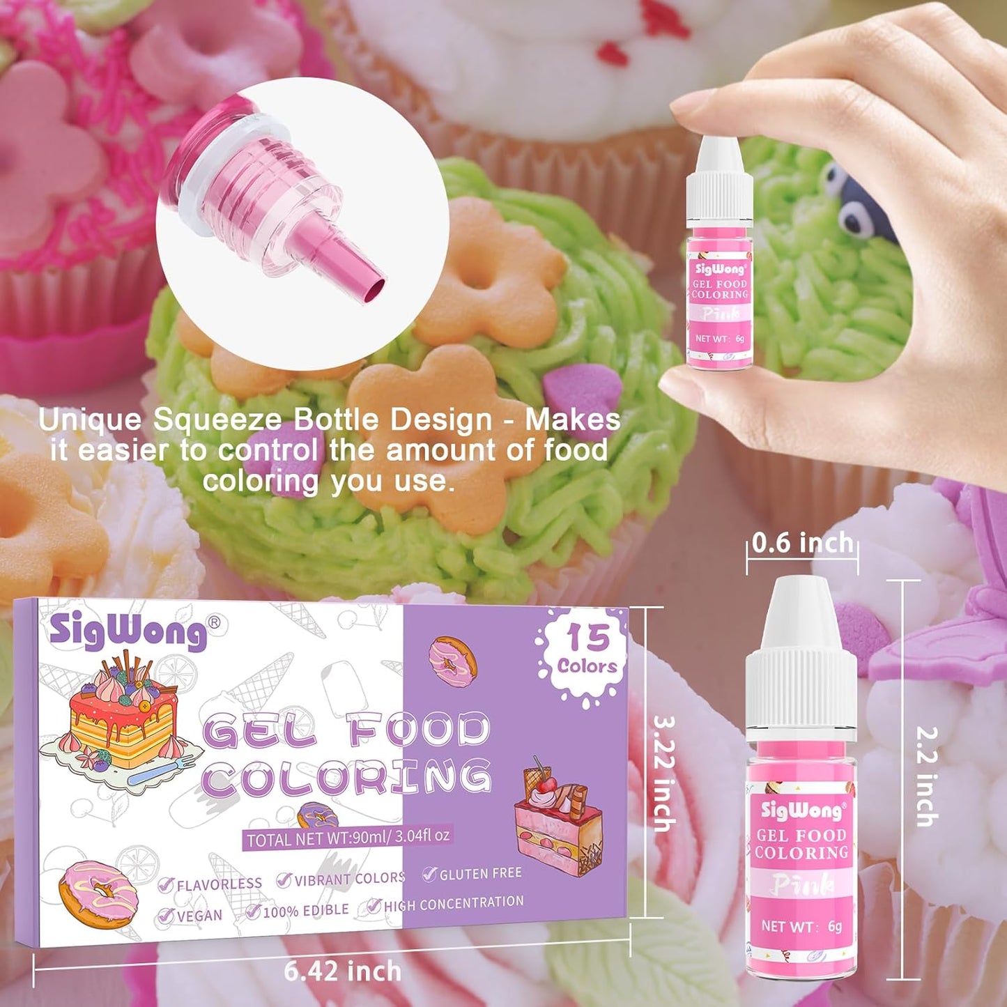 Gel Food Coloring - 15 Colors Flavorless Gel Based Food Color Dye, Vibrant Edible Concentrated Food Coloring for Cake Cookie Decorating, Easter Egg, Icing, Fondant, Christmas Baking, Macaron (6g/Bottle) - Vegan