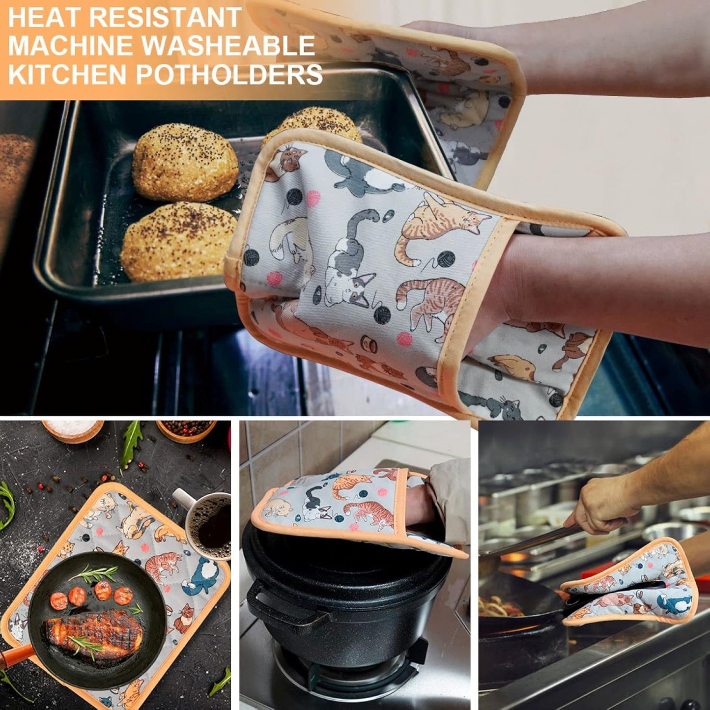 Pot Holders Set of 2 Heat Resistant 480℉ Kitchen 100% Cotton Comfortable Lining Printing Fox Flower Women Men Home Cooking Baking Microwave BBQ Gift (Cat potholder)